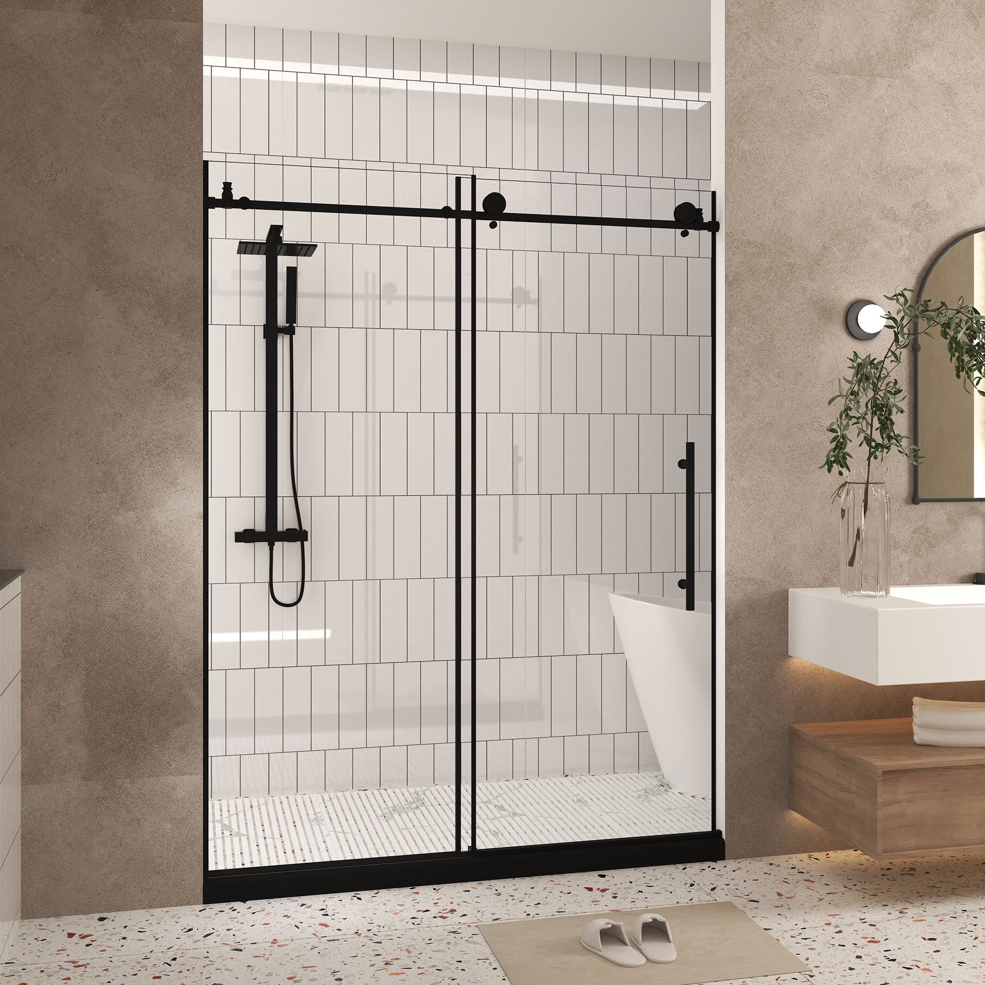 Leumius Frameless Sliding Shower Door,56-60"W x 76" H,1/4" Clear Tempered Glass,Stainless Steel Handle, Matte Black