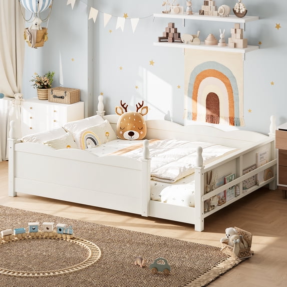 Leumius Full Floor Bed with Full-Length Guardrails, Kids Montessori Floor Bed with Beside Book Shelf for Boys Girls Beige
