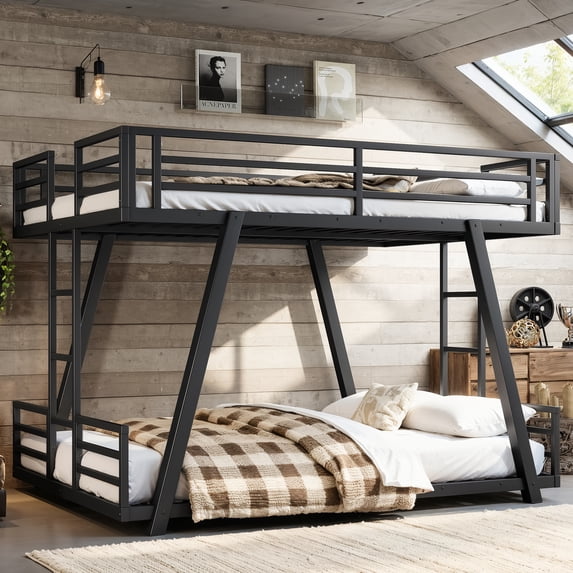 Leumius Full over Full Bunk Bed Frame with 2 Side Ladders, Metal Bunk Bed with Spdcial Support Leg Design and LED Light, Low Profile Bunk Bed for Teens Adults Black