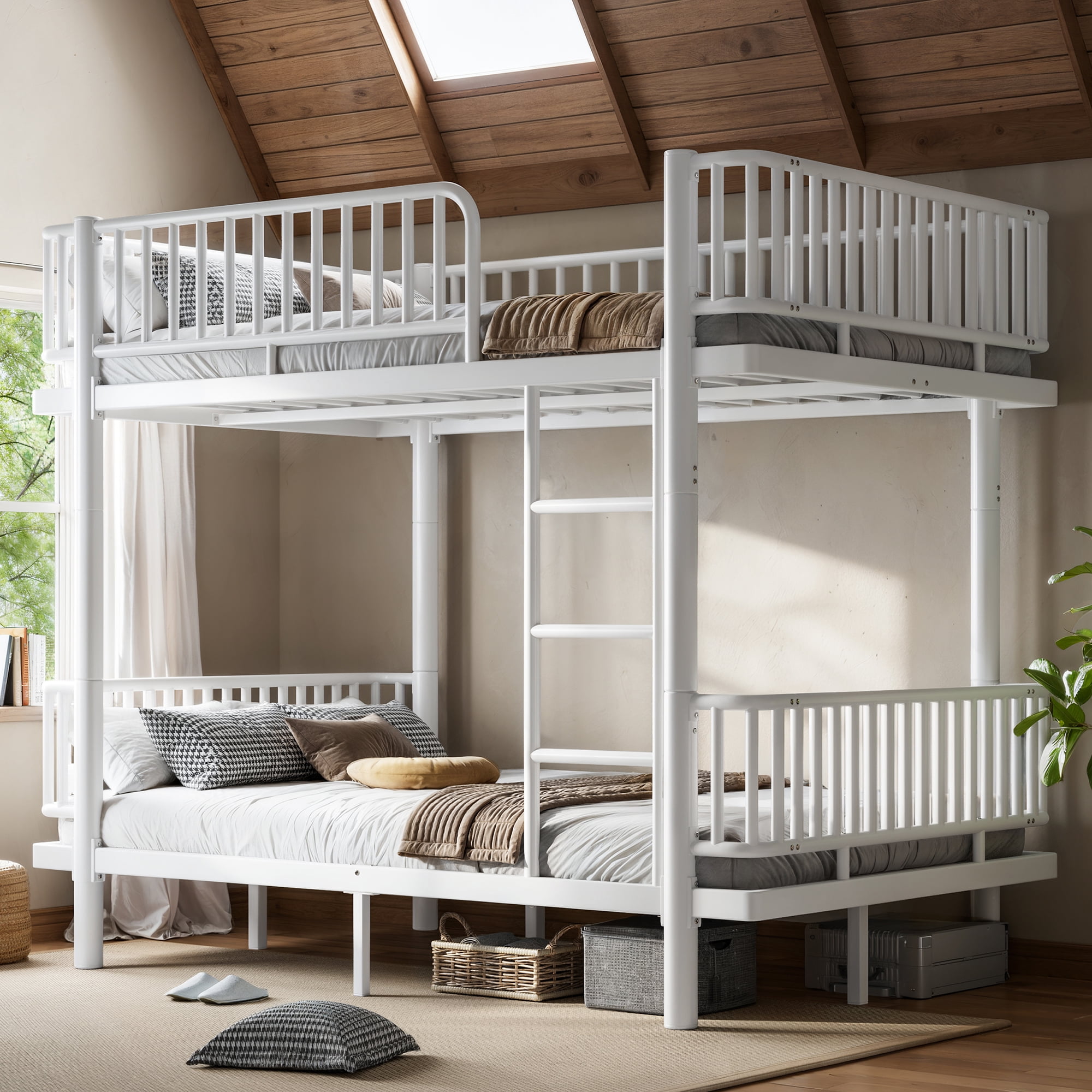 Leumius Full over Full Bunk Bed Frame with Ladders & Guardrails, Metal Bunk Bed Frame with Upgraded Safety Round-Pipe Design, Can Transformed into 2 Platform Bed for Teens Adults White