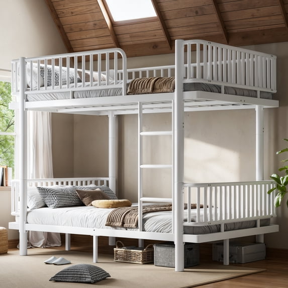 Leumius Full over Full Bunk Bed Frame with Ladders & Guardrails, Metal Bunk Bed Frame with Upgraded Safety Round-Pipe Design, Can Transformed into 2 Platform Bed for Teens Adults White