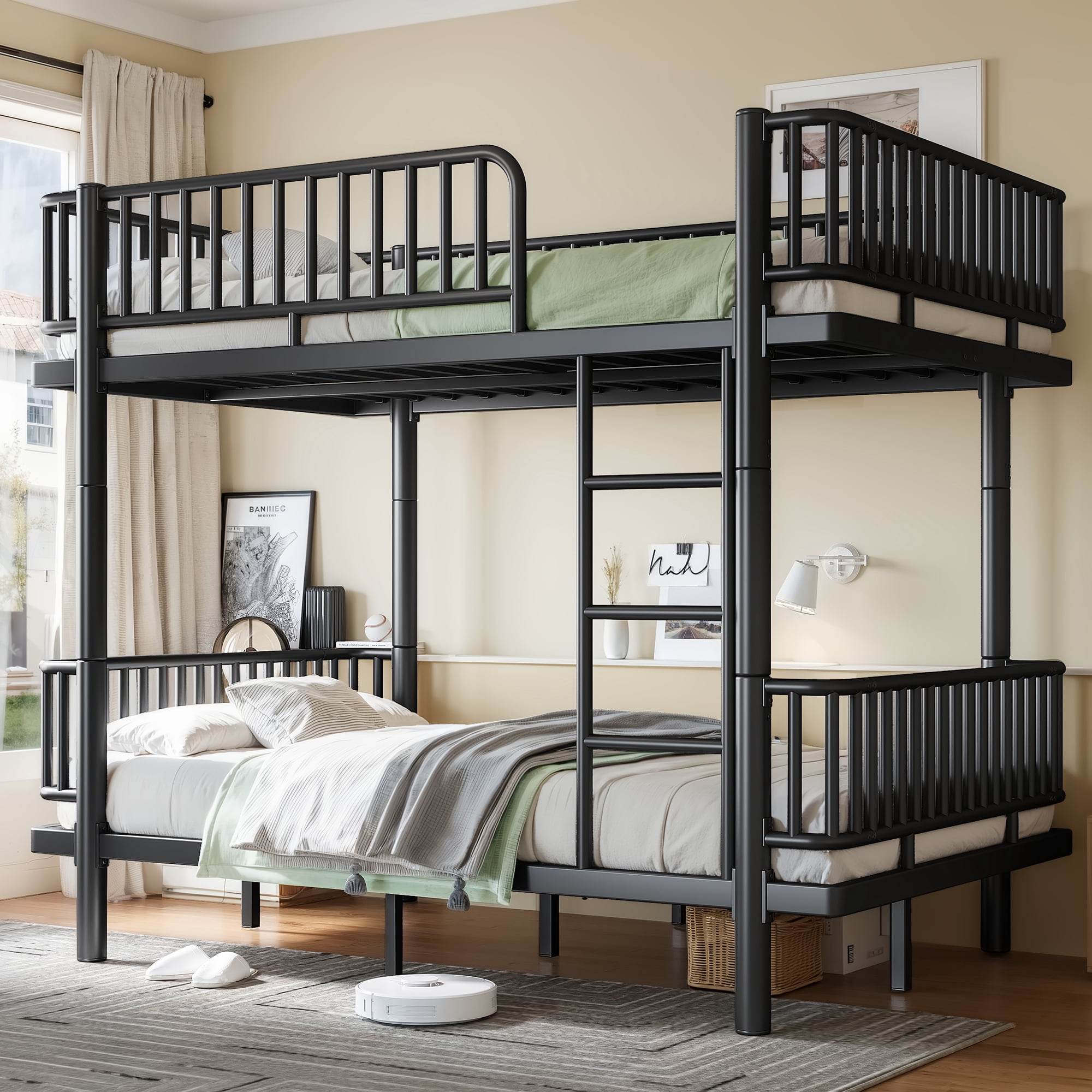 Leumius Full over Full Bunk Bed Frame with Ladders & Guardrails, Metal Bunk Bed Frame with Upgraded Safety Round-Pipe Design, Can Transformed into 2 Platform Bed for Teens Adults Black