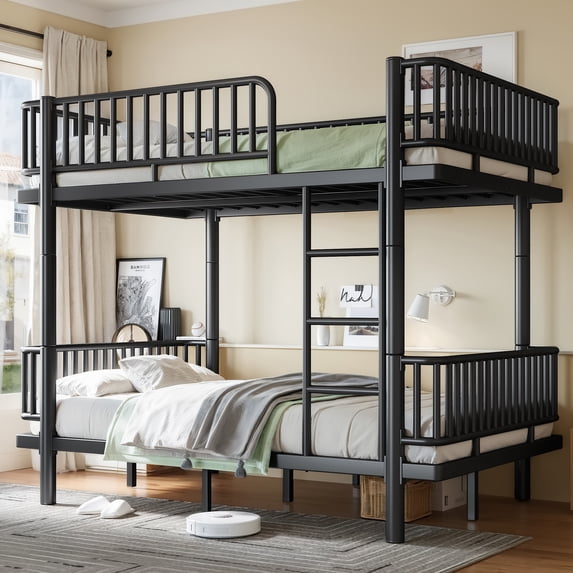 Leumius Full over Full Bunk Bed Frame with Ladders & Guardrails, Metal Bunk Bed Frame with Upgraded Safety Round-Pipe Design, Can Transformed into 2 Platform Bed for Teens Adults Black