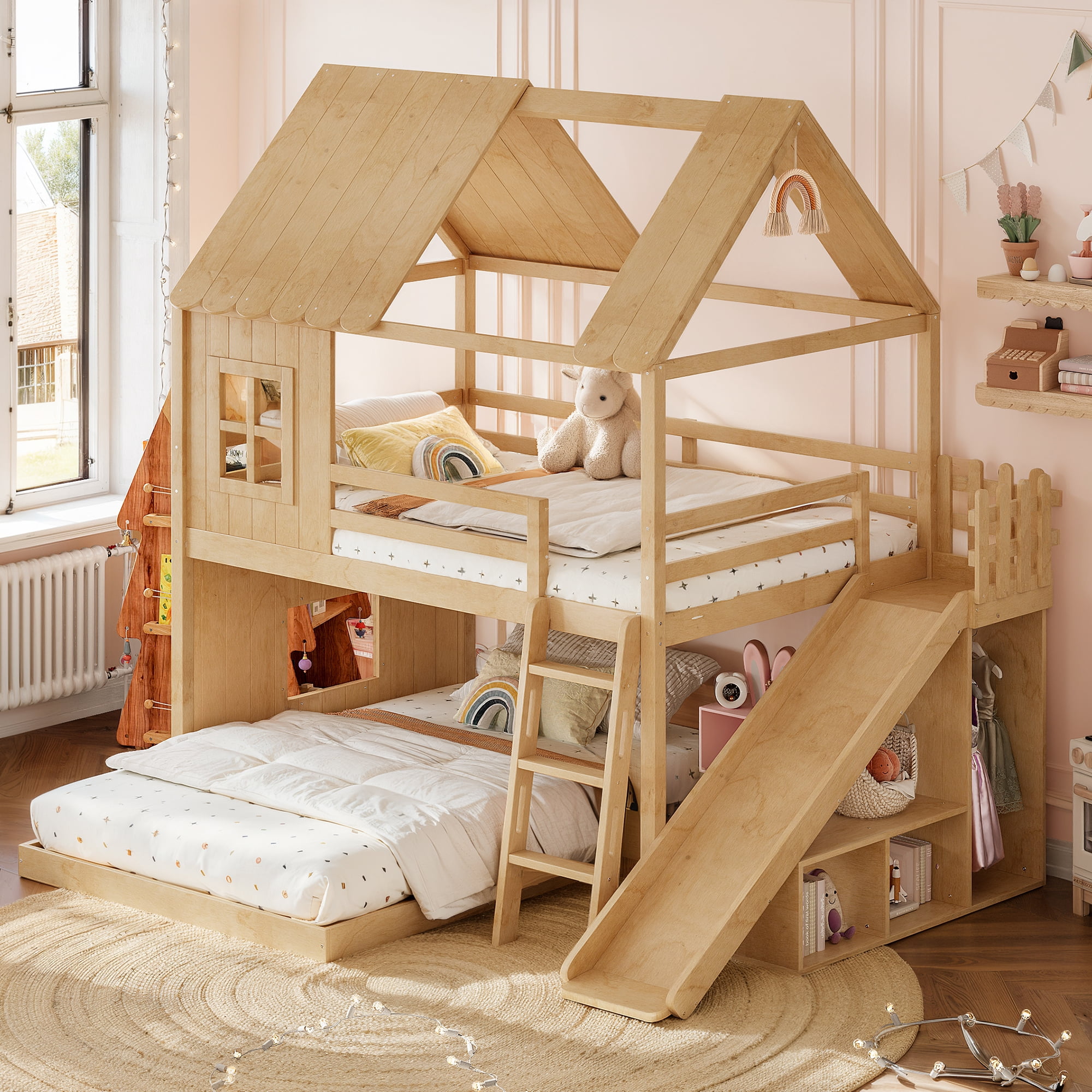 Leumius Full over Full House Bunk Bed with Ladders and Slides, House Floor Bunk Bed Frame with Storage Shelves and Wardrobe, Playhouse Design for Boys Girls Natural