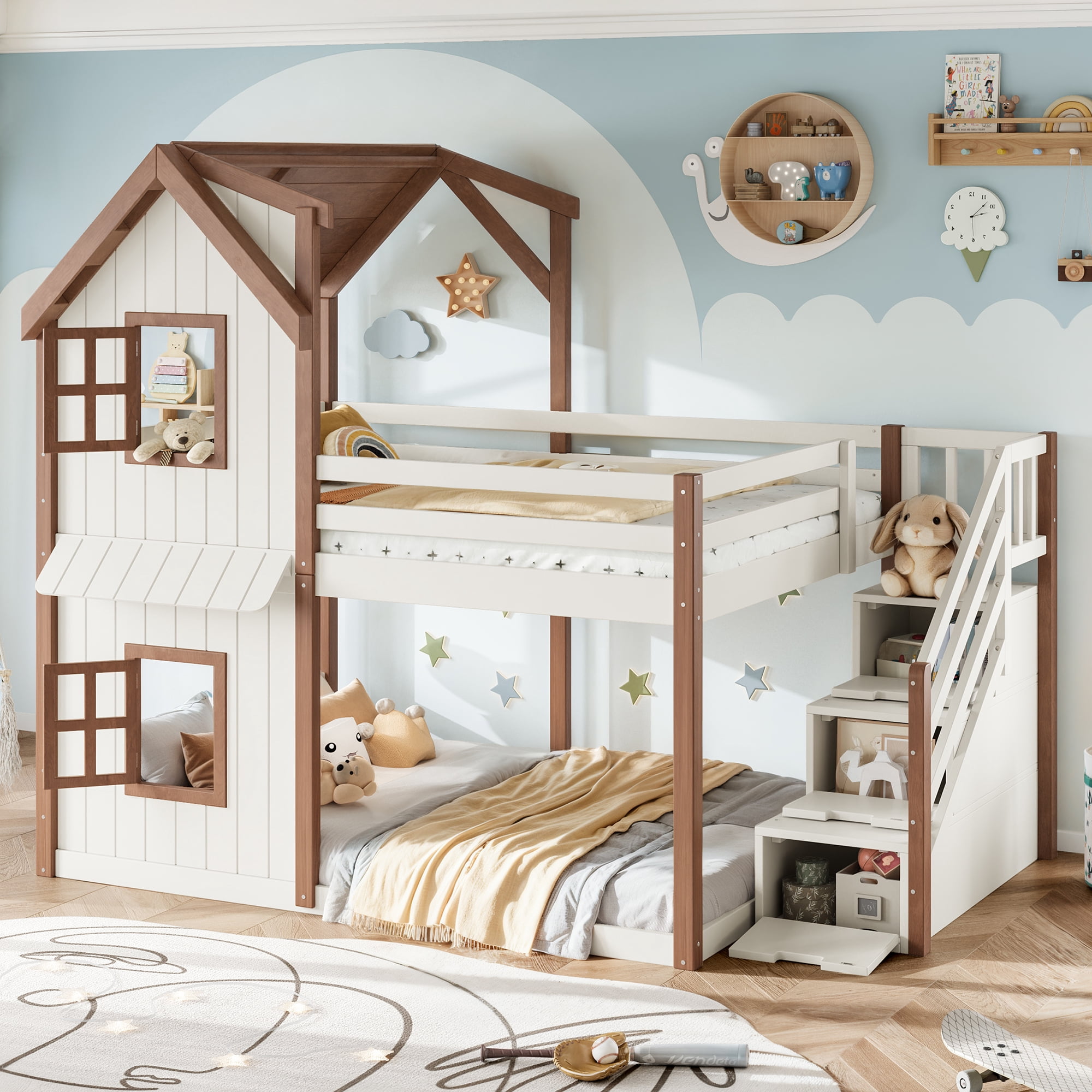 Leumius Full over Full House Bunk Bed with Storage Stairs, Kids