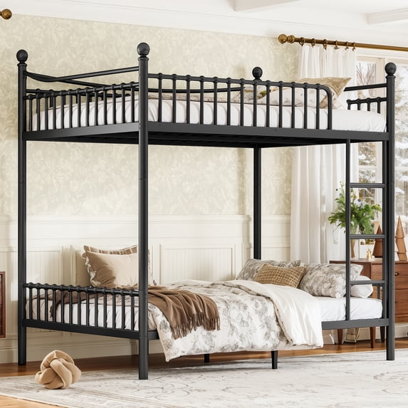 Leumius Full over Full Metal Bunk Bed with Unique Curved Guardrail Design, Round Tube Bunk Bed Frame, Metal Bunk Bed Frame for Kids Teens Adults Black
