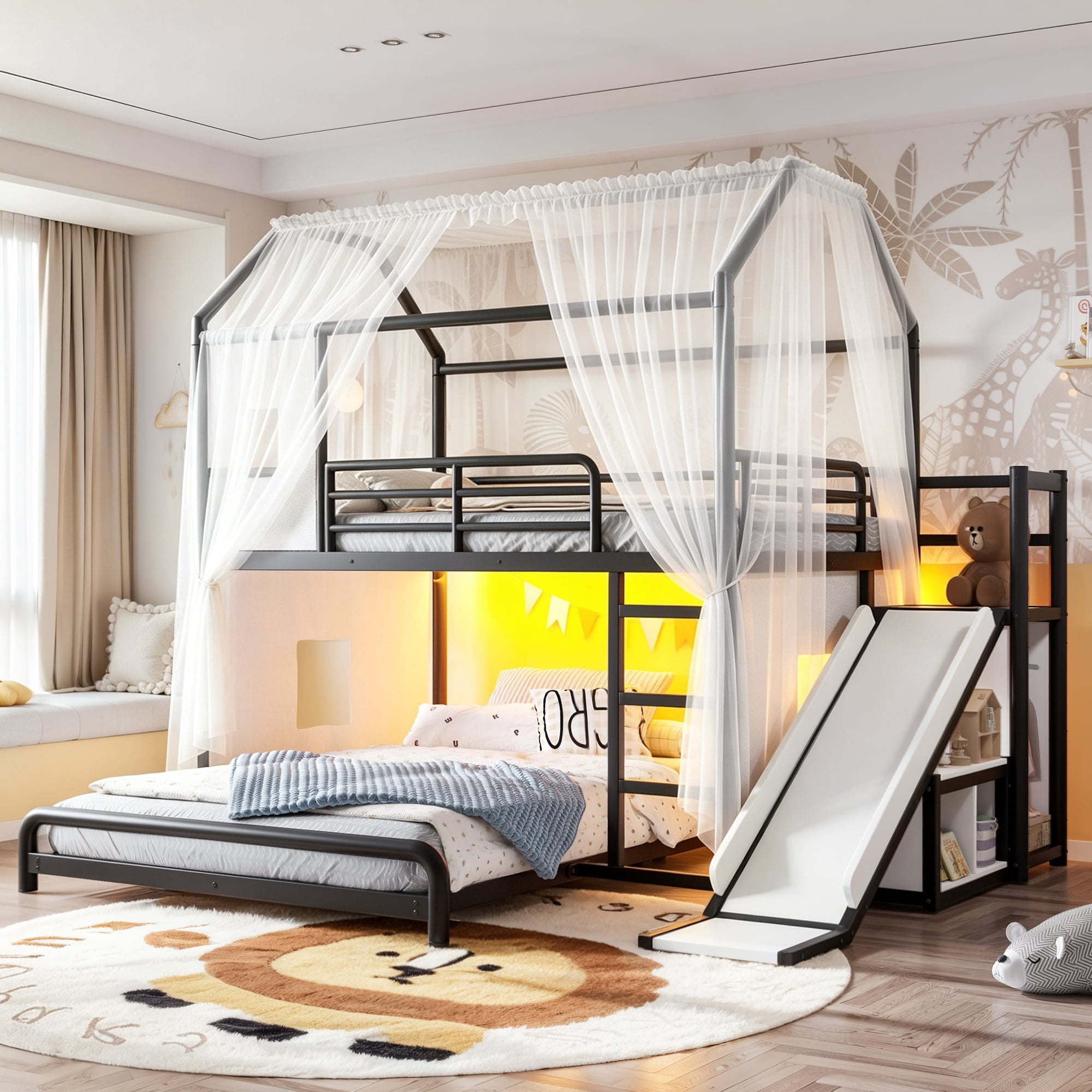 Leumius Full over Full Playhouse Metal Bunk Bed with Slide & Ladder, House Shaped Bunk Bed with LED Light Strip, Privacy Curtain, Movable Storage Cabinet and Hanging Rod for Bedroom Black