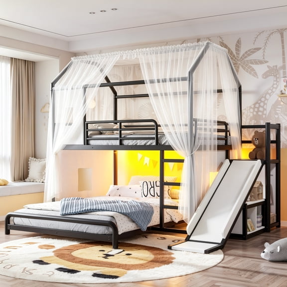 Leumius Full over Full Playhouse Metal Bunk Bed with Slide & Ladder, House Shaped Bunk Bed with LED Light Strip, Privacy Curtain, Movable Storage Cabinet and Hanging Rod for Bedroom Black