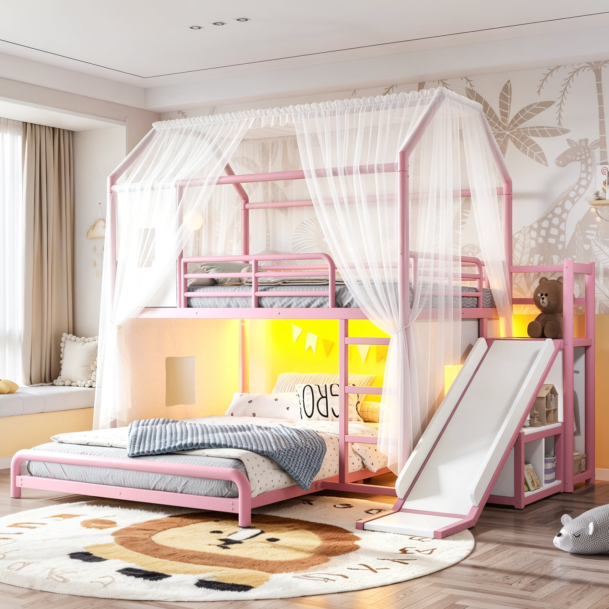 Leumius Full over Full Playhouse Metal Bunk Bed with Slide & Ladder, House Shaped Bunk Bed with LED Light Strip, Privacy Curtain, Movable Storage Cabinet and Hanging Rod for Bedroom Pink