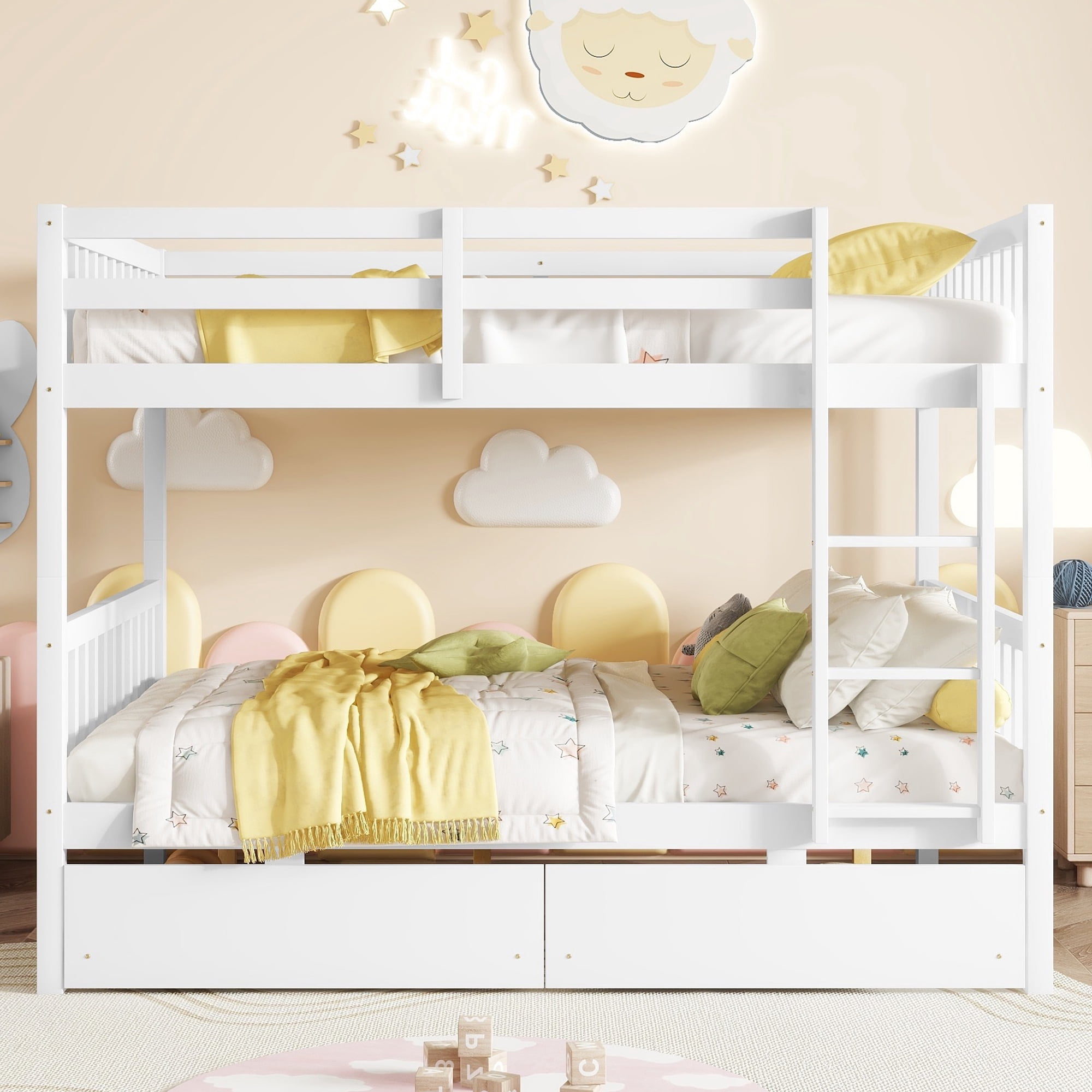 Leumius Full Over Full Rubber Wood Bunk Bed with 2 Drawers, Convertible into 2 Full Beds, Full Size Bunk Bed with Ladder and Safety Guardrails for Boys Girls White