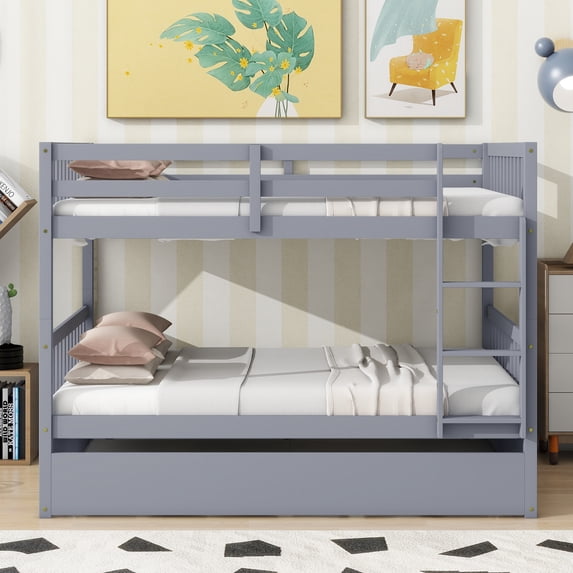 Leumius Full Over Full Size Bed Frame with Trundle, Ladder and Guardrails, Convertible to 2 Full Size Beds, Rubber Wood Bed with Twin Size Trundle for Boys Girls Grey