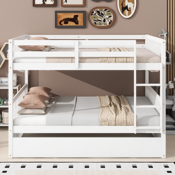 Leumius Full Over Full Size Bed Frame with Trundle, Ladder and Guardrails, Convertible to 2 Full Size Beds, Rubber Wood Bed with Twin Size Trundle for Boys Girls White