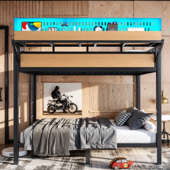 Leumius Full over Full Size Metal Bunk Bed with Storage Shelves and Pegboard, Bunk Bed Frame with USB Ports and LED Lights, Space-Saving for Teens and Adults Natural