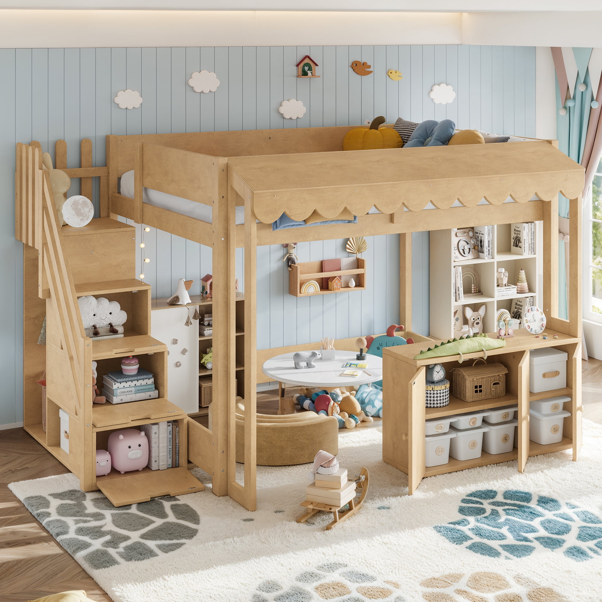 Leumius Full over Full Size Playhouse Loft Bed with Storage Stairs, Solid Wood Loft Bed with Pretend Convenience Store Counter, Convertible Underbed Space for Sleep or Play Natural