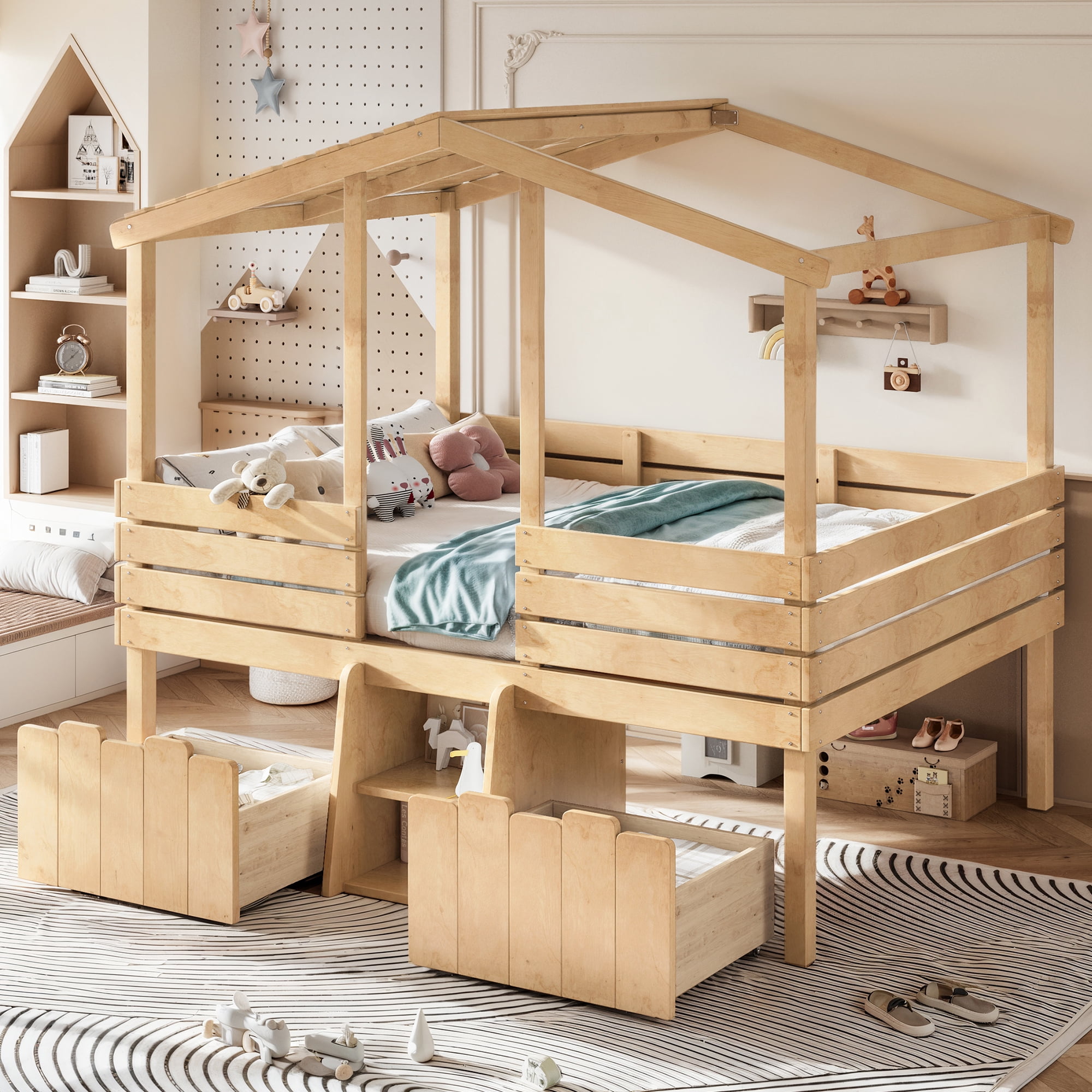 Leumius Full House Loft Bed with Cute Stairs and 2 Storage Drawers, Farmhouse Low Loft Bed with House Shaped Roof, Childlike and No Box Spring Needed Design Natural