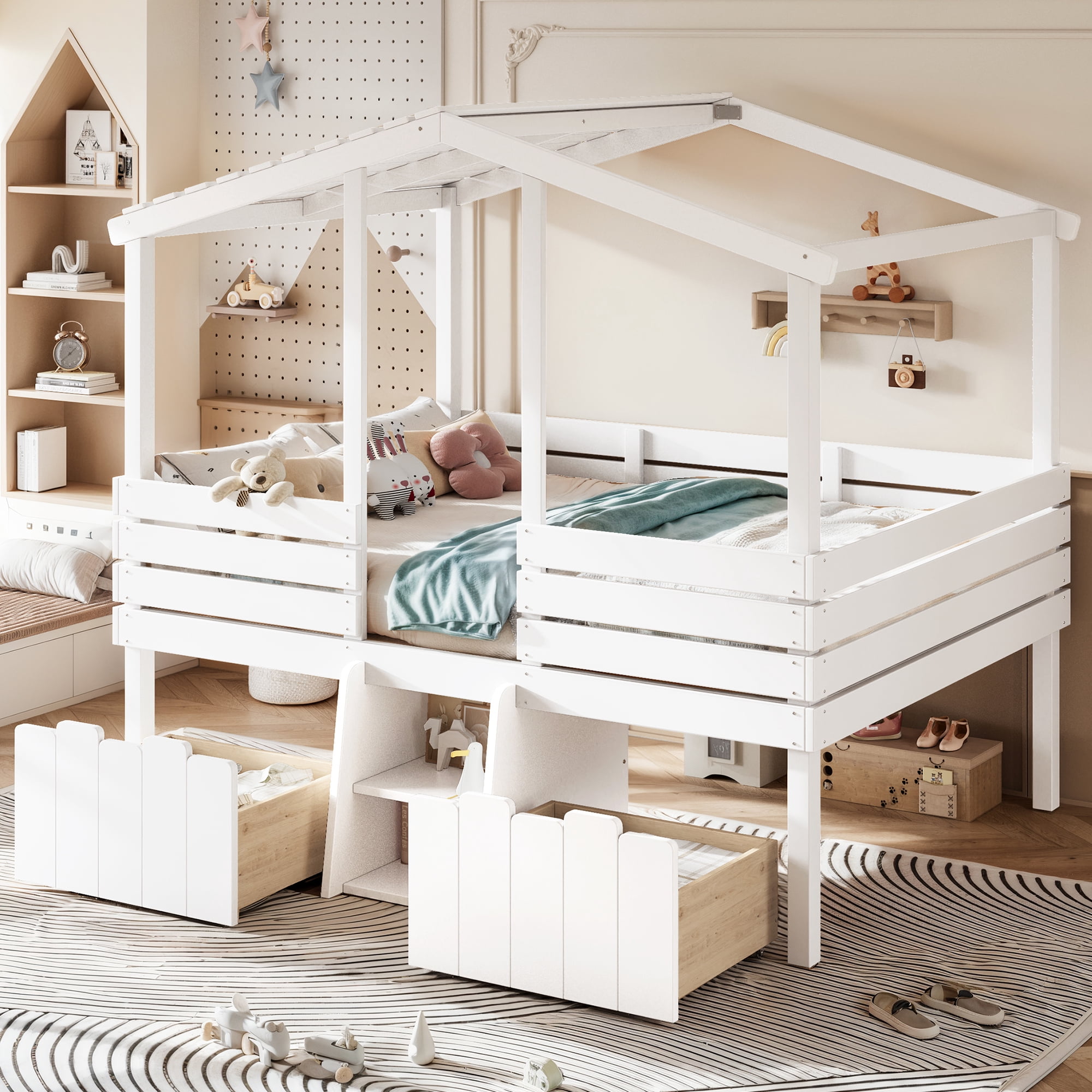 Leumius Full House Loft Bed with Cute Stairs and 2 Storage Drawers, Farmhouse Low Loft Bed with House Shaped Roof, Childlike and No Box Spring Needed Design White