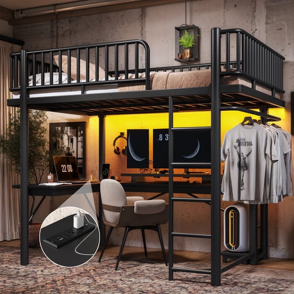 Leumius Full Loft Bed with L-Shaped Desk,LED Light Strip and Charge Station,Metal Loft Bed Frame with Computer Mainframe Tray and Hanging Area,Black