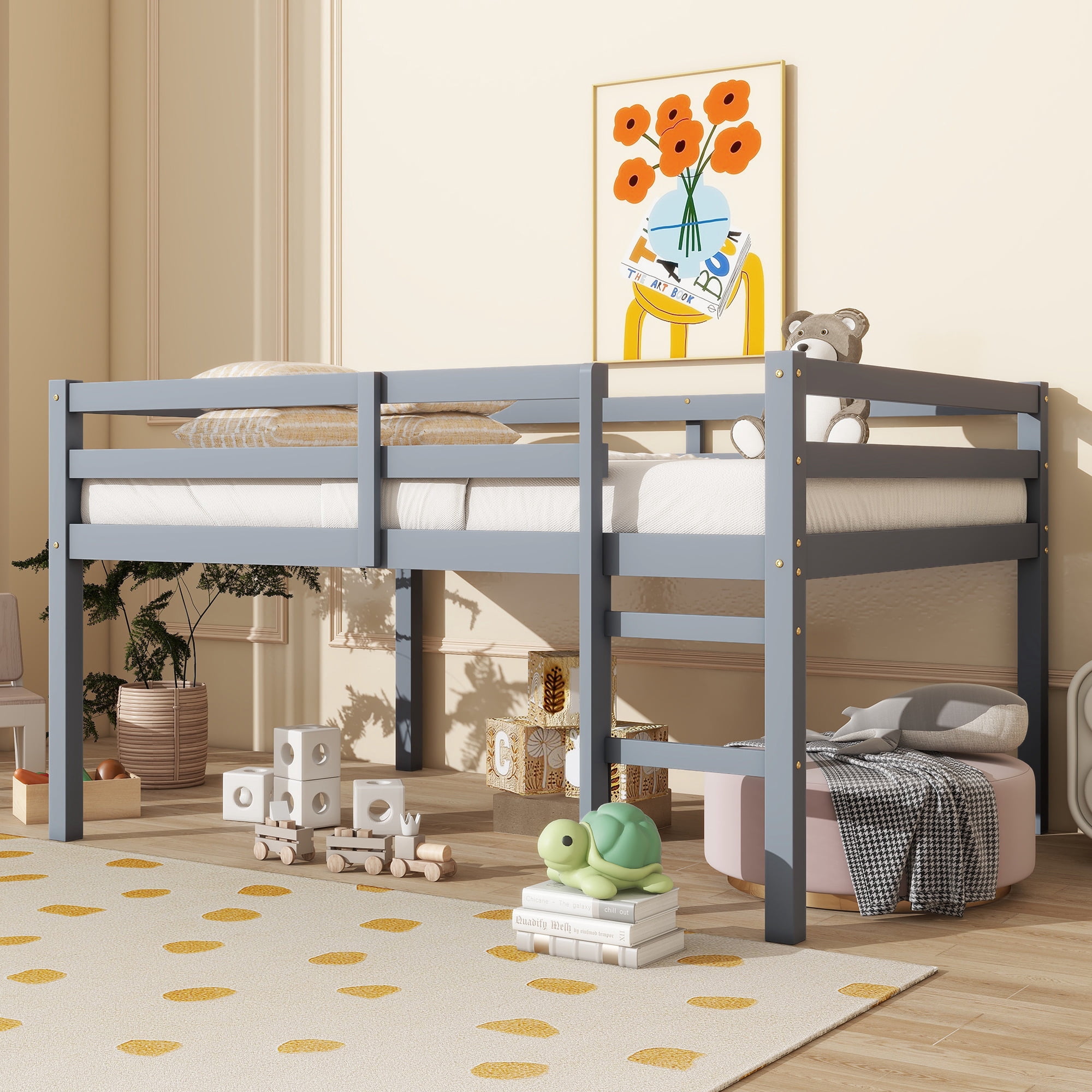Leumius Full Loft Bed with Ladder, Bed Platform of Strengthened Slats Solid Wooden Bed for Boys Girls White