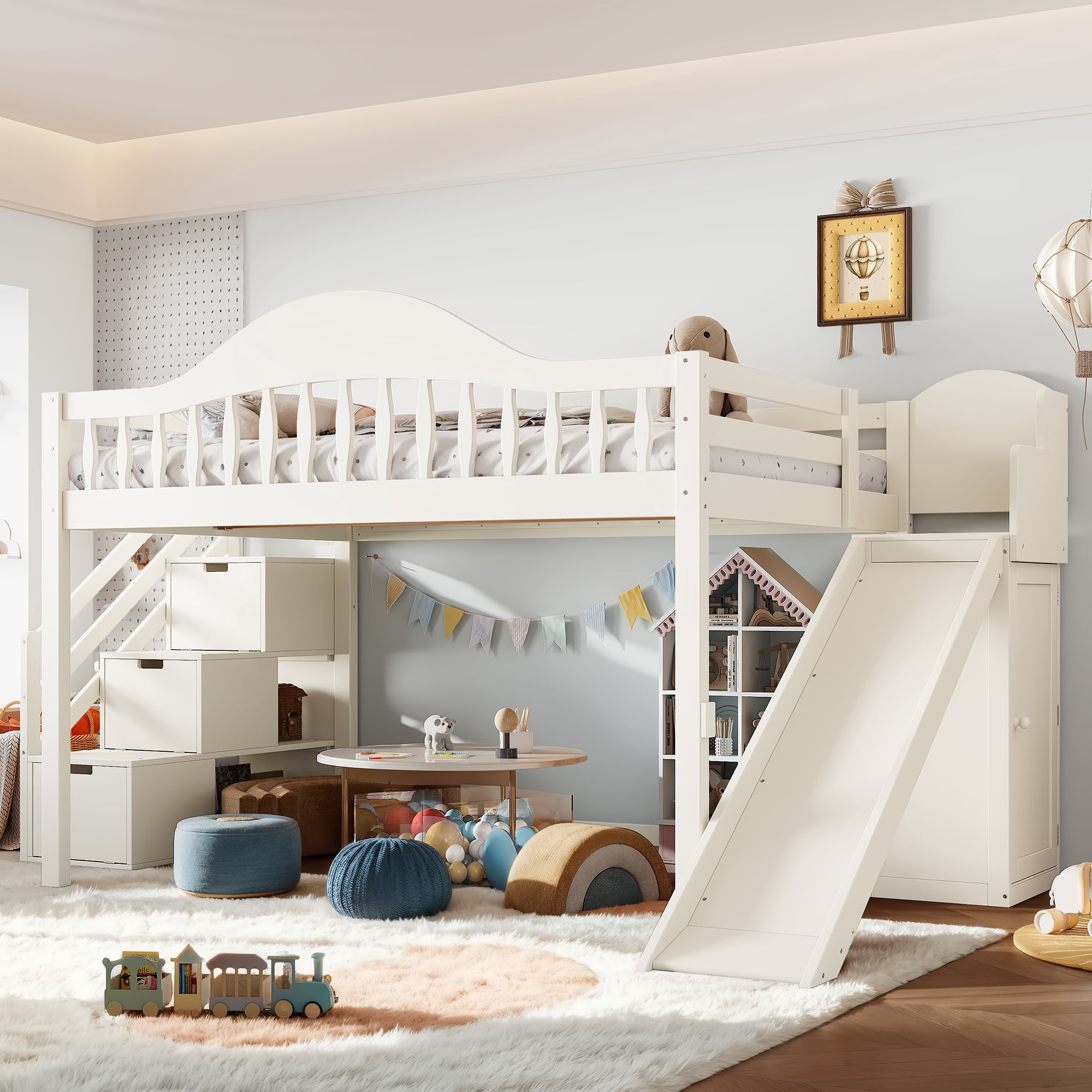 Leumius Full Loft Bed with Storage Stairs, Slide & Built-in Wardrobe, Stylish High Guardrail, Wood Loft Bed Frame for Bedroom,Dorms,Guests Beige