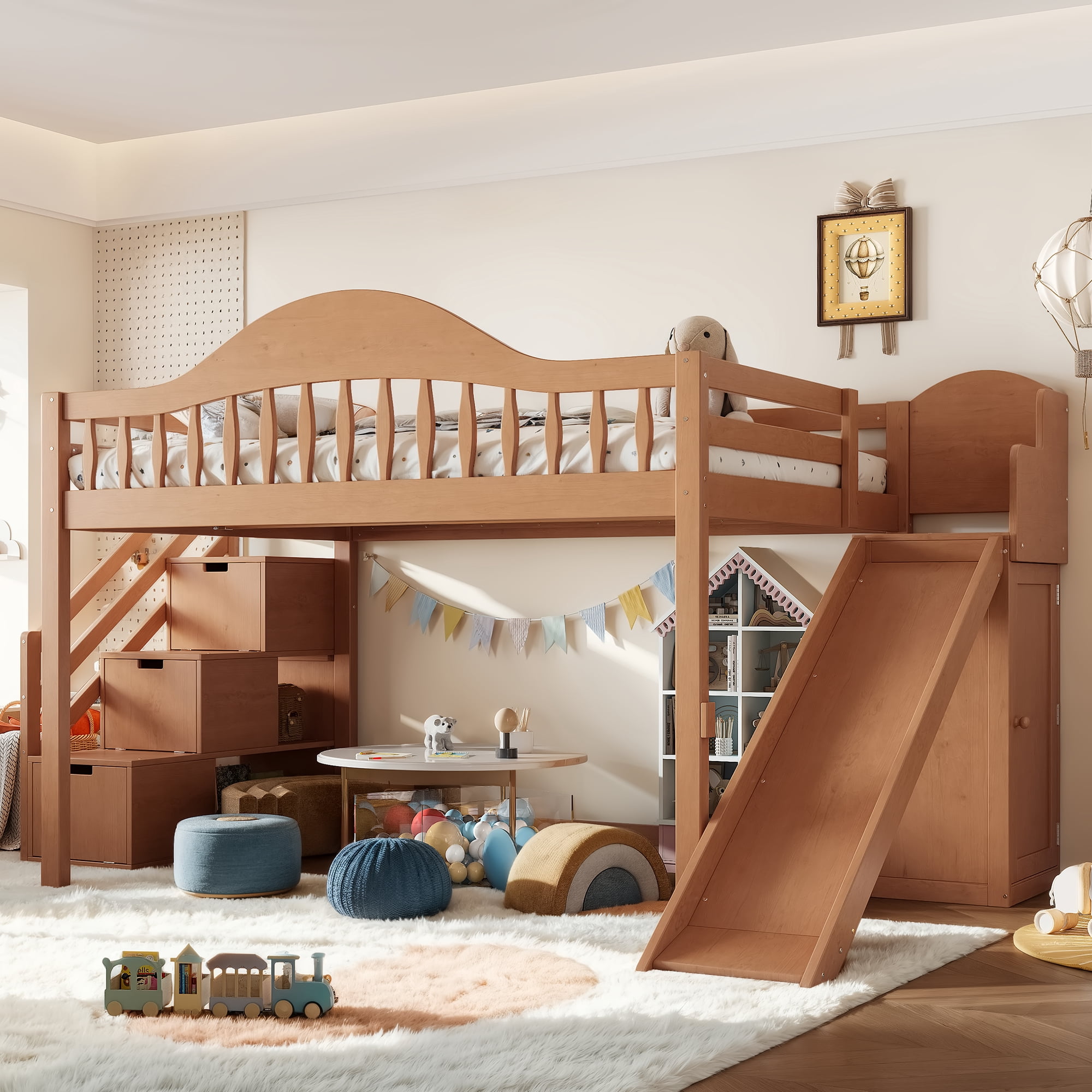 Leumius Full Loft Bed with Storage Stairs, Slide & Built-in Wardrobe, Stylish High Guardrail, Wood Loft Bed Frame for Bedroom,Dorms,Guests Walnut
