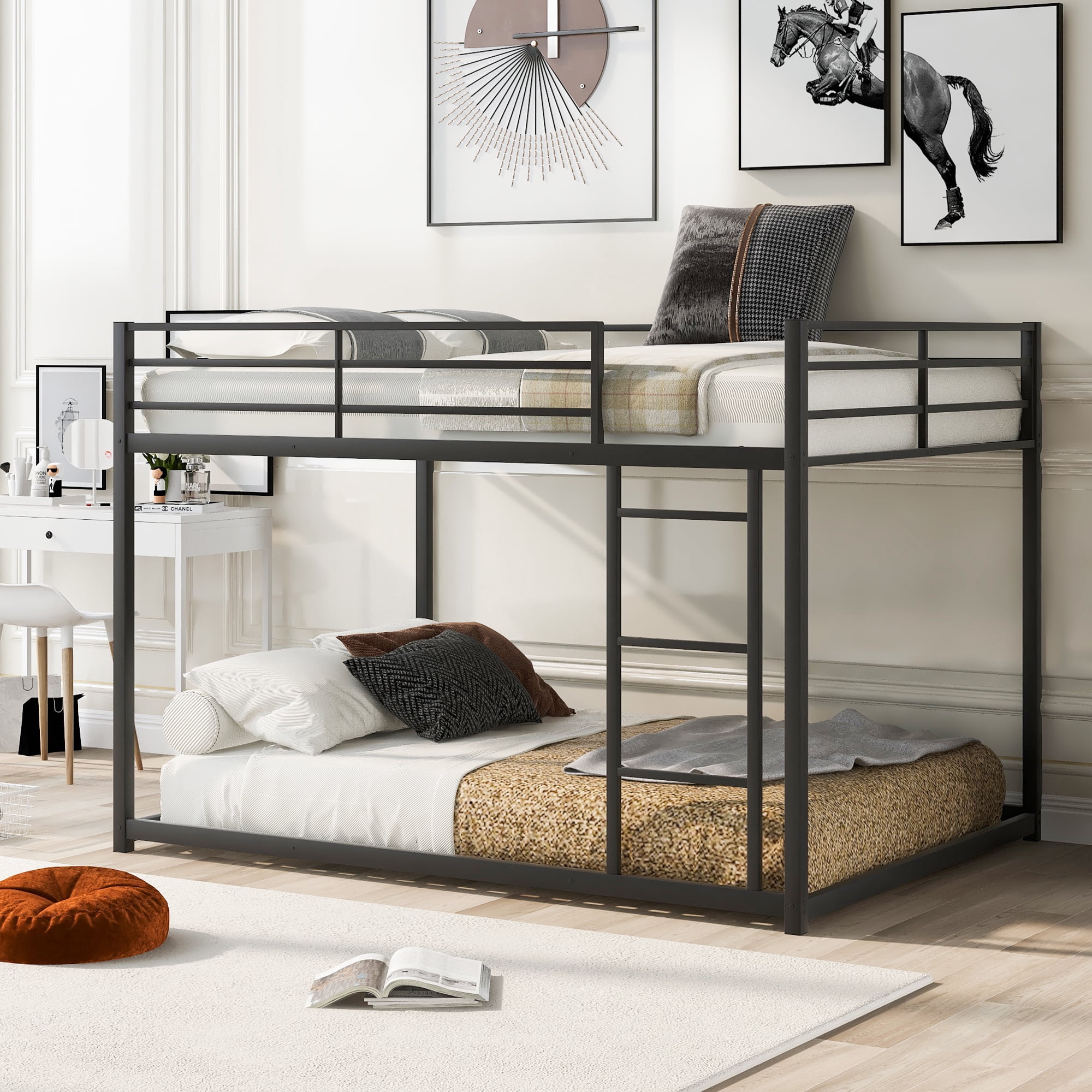 Leumius Full Over Full Low Bunk Bed for Kids Teens Adults,Metal Low Bunk Bed with Ladder and Safety Guardrails,Weight Capacity 350lb,Black