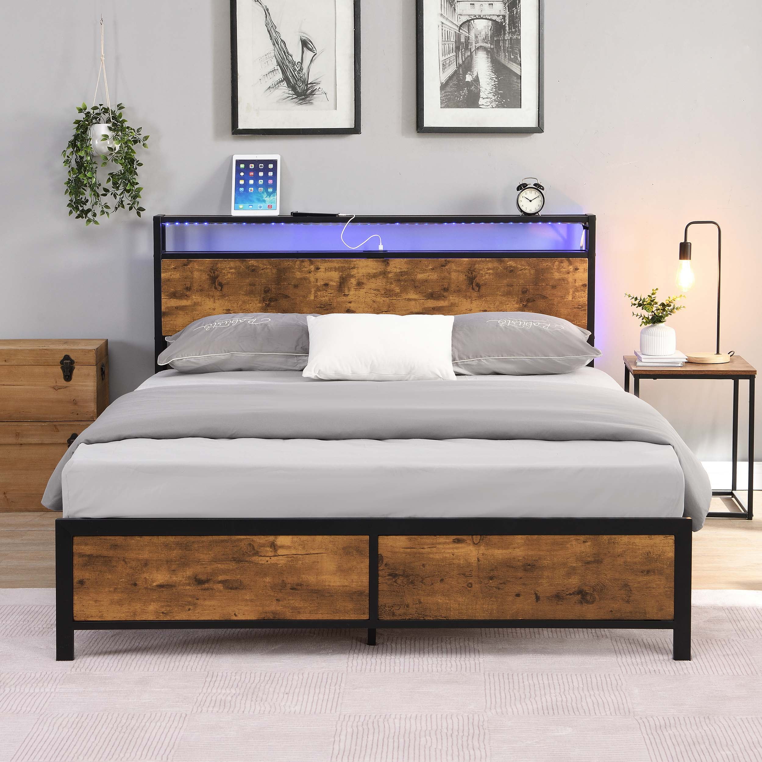 Leumius Full Size Bed Frame with LED Lights and 2 USB Ports,Industrial Platform Bed with Under-Bed Storage and Wooden Headboard,Noise Free,Rustic Brown