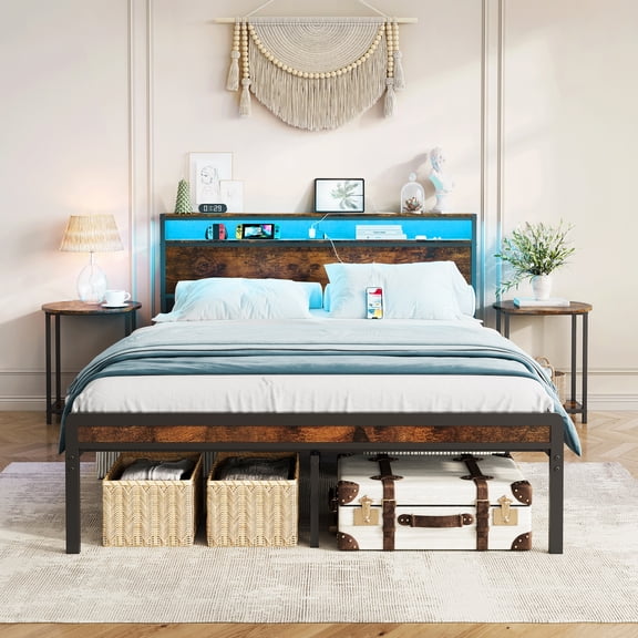 Leumius Full Size Bed Frame with Led Lights Storage Headboard,Heavy Duty Metal Bed Frame with Charging Station,Steel Slat Support, Noise Free,Antique Brown