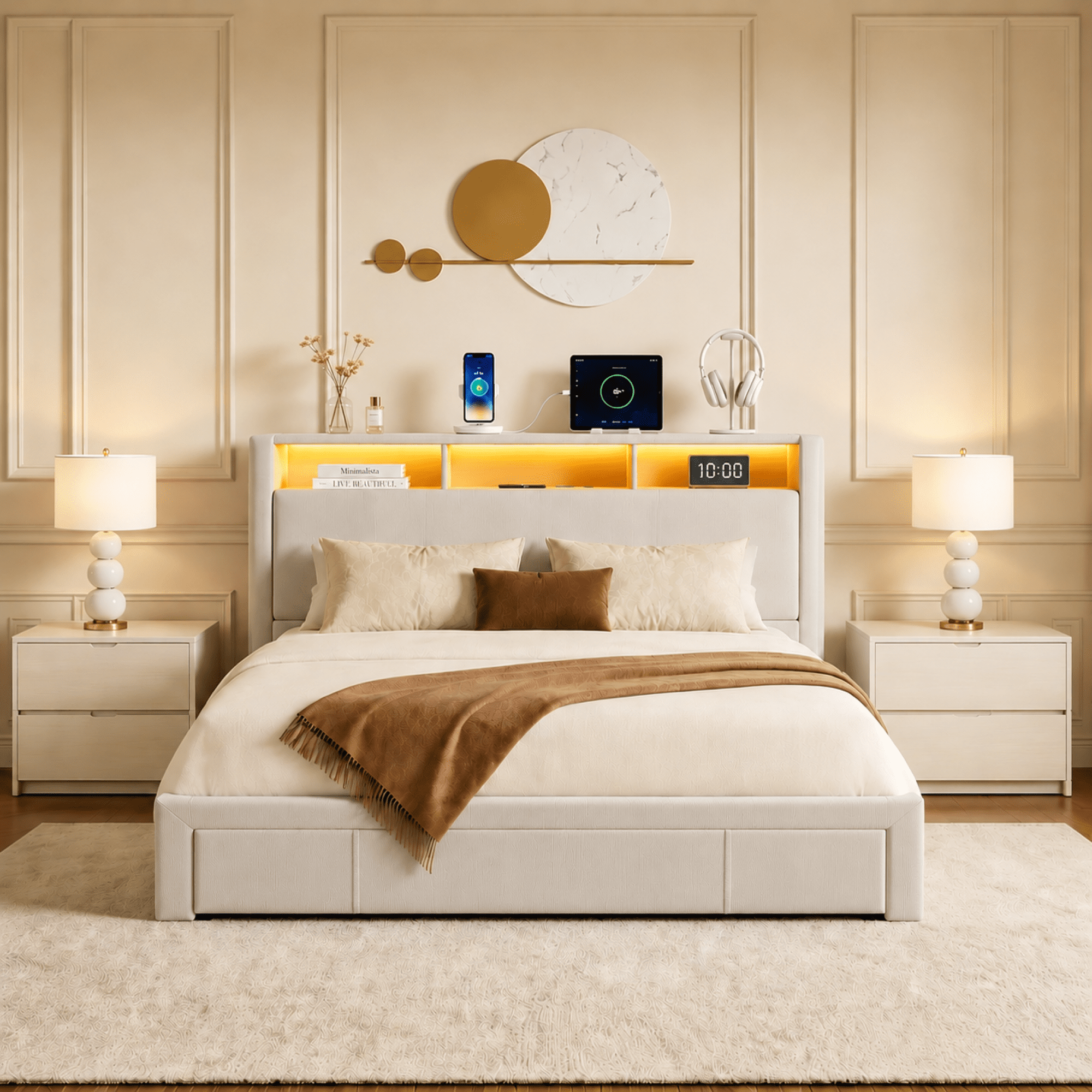 Leumius Full Size Bed Frame,Upholstered Platform Bed Frame with LED & Charging Station,Drawers and Storage Headboard,Noise-Free, No Box Spring Needed,Beige(Full)