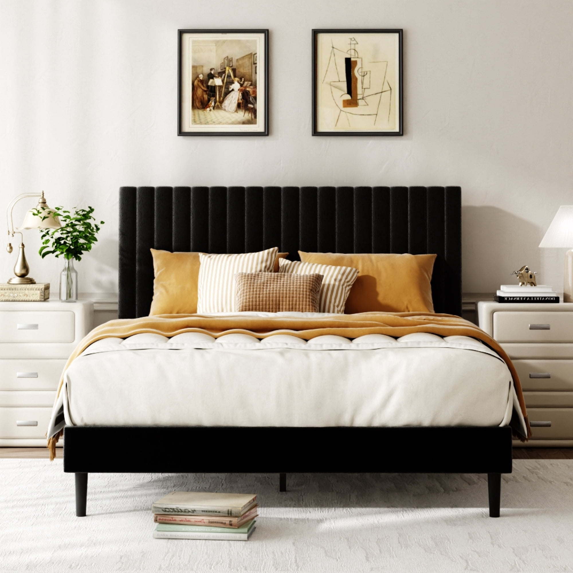 Leumius Full Size Bed Frame,Velvet Upholstered Platform Bed Frame with Height-Adjustable Headboard,Sturdy Frame,Quiet Design,Easy to Assemble,Black