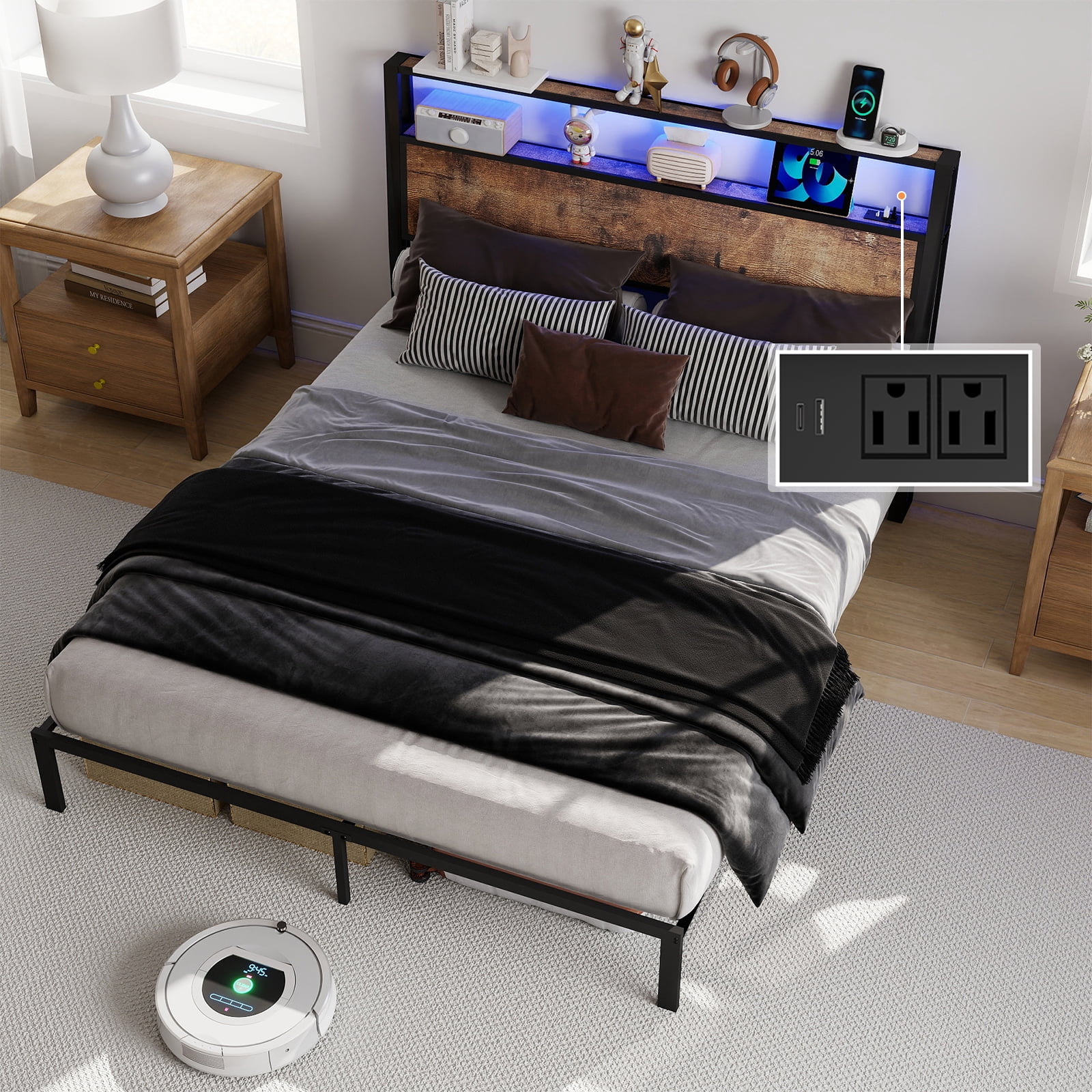 Leumius Full Size Bed Frame with Headboard, Platform Bed with RGB LED Light & Charging Station & Under Bed Storage Space, Easy Assembly, Brown