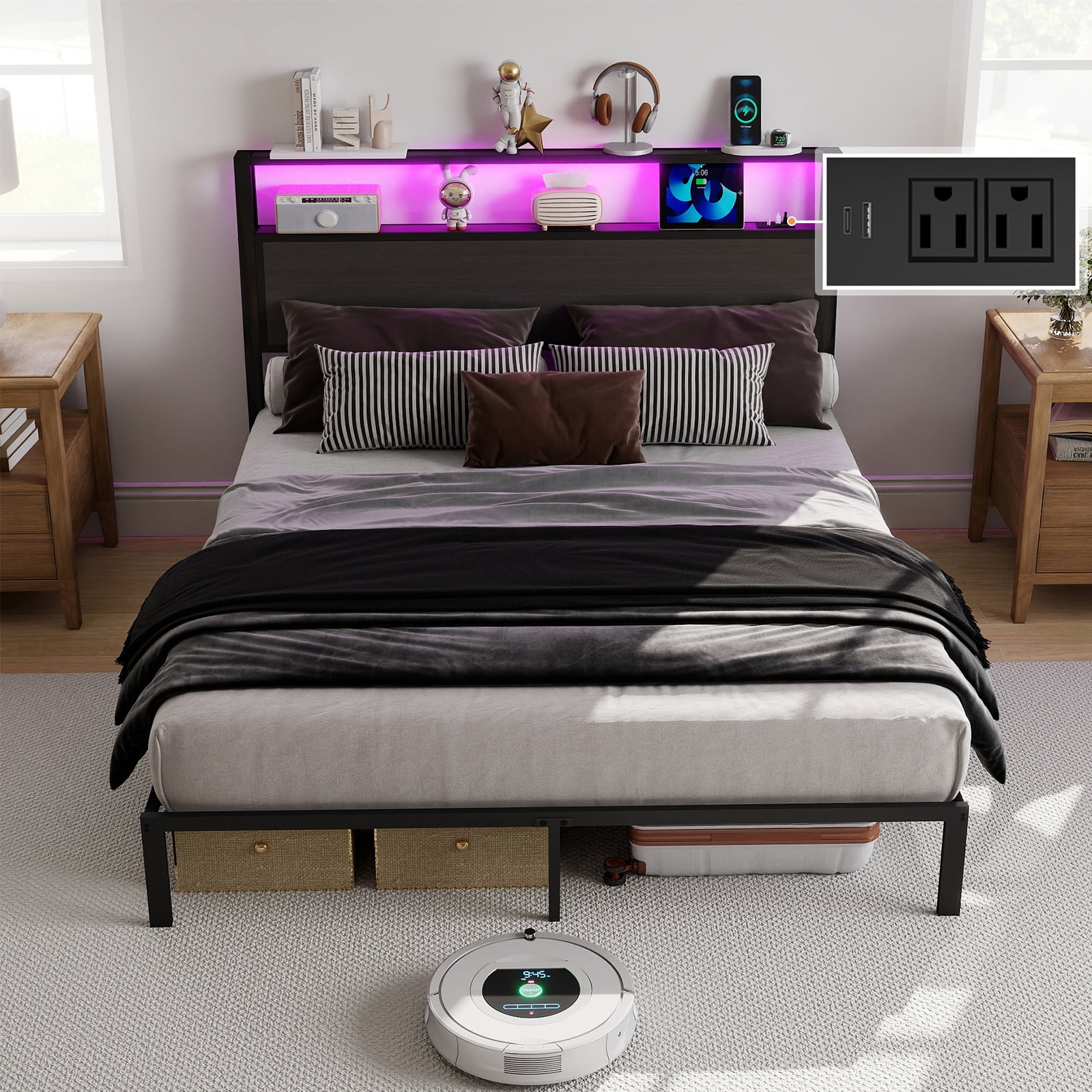 Leumius Full Size Bed Frame with Headboard, Platform Bed with RGB LED Light & Charging Station & Under Bed Storage Space, Easy Assembly,Dark Gray