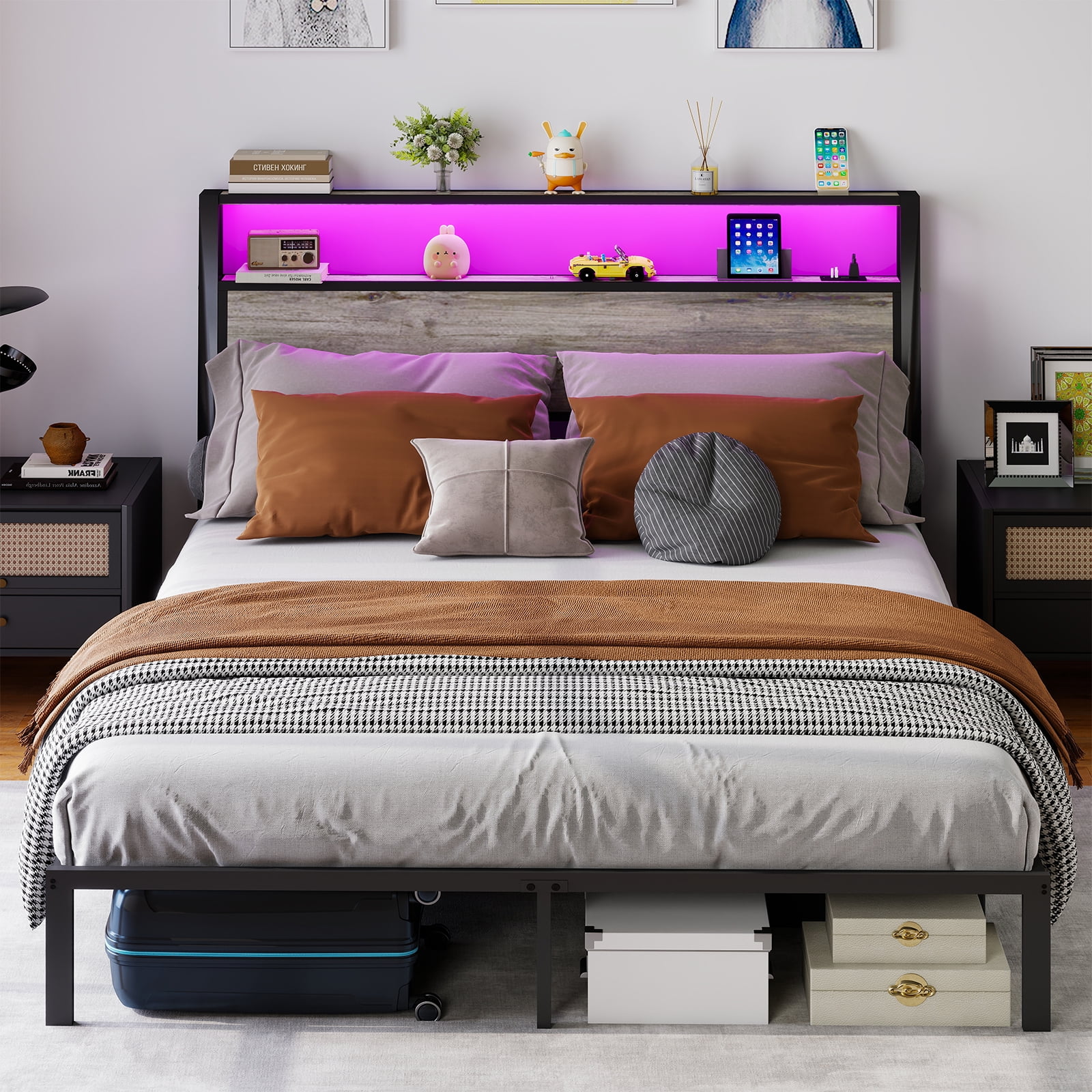 Leumius Full Size Bed Frame with Headboard, Platform Bed with RGB LED Light & Charging Station & Under Bed Storage Space, Easy Assembly, Gray