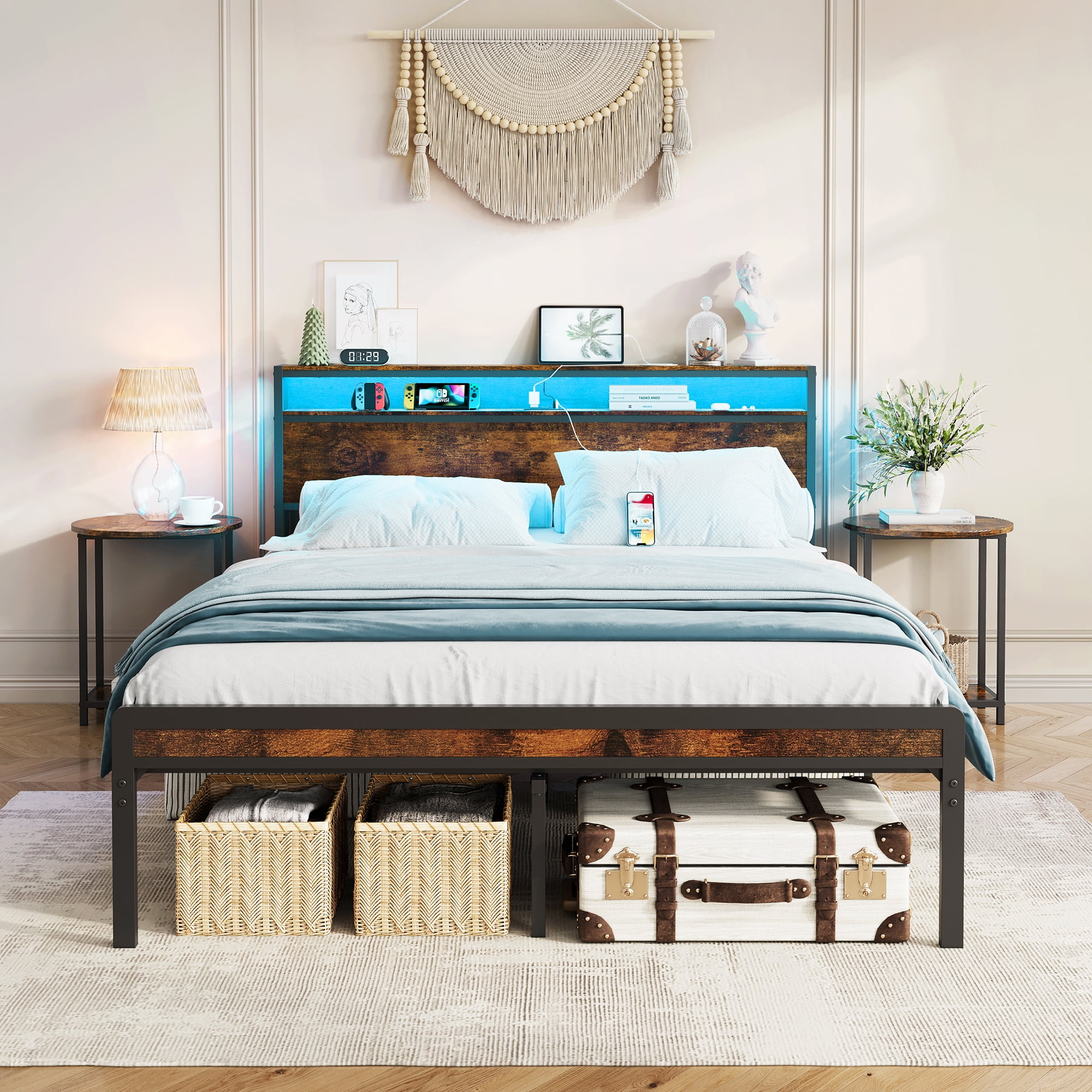 Leumius Full Size Bed Frame with LED Lights, Industrial Style Platform Bed Frame with Charging Station, Noise Free,Antique Brown