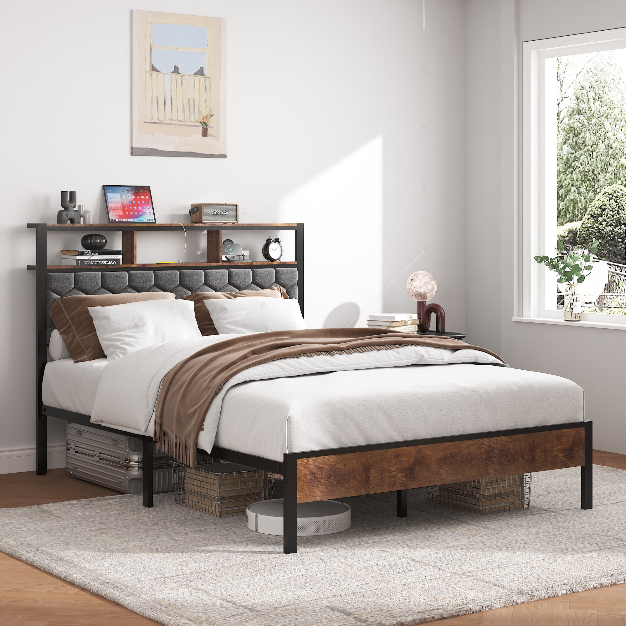 Leumius Full Size Bed Frame with Upholstered Headboard, Industrial Style Platform Bed Frame with 2 USB Ports and Storage Shelf, Brown
