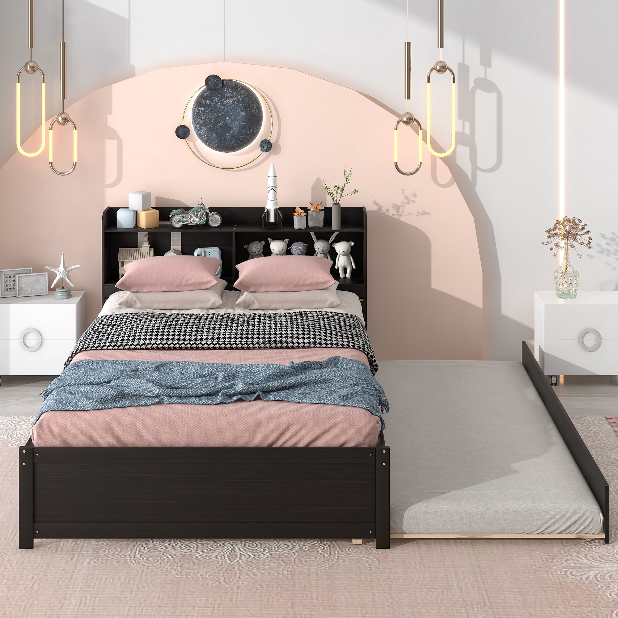 Leumius Full Size Bed with Trundle and Bookcase Headboard for Boys Girls Espresso