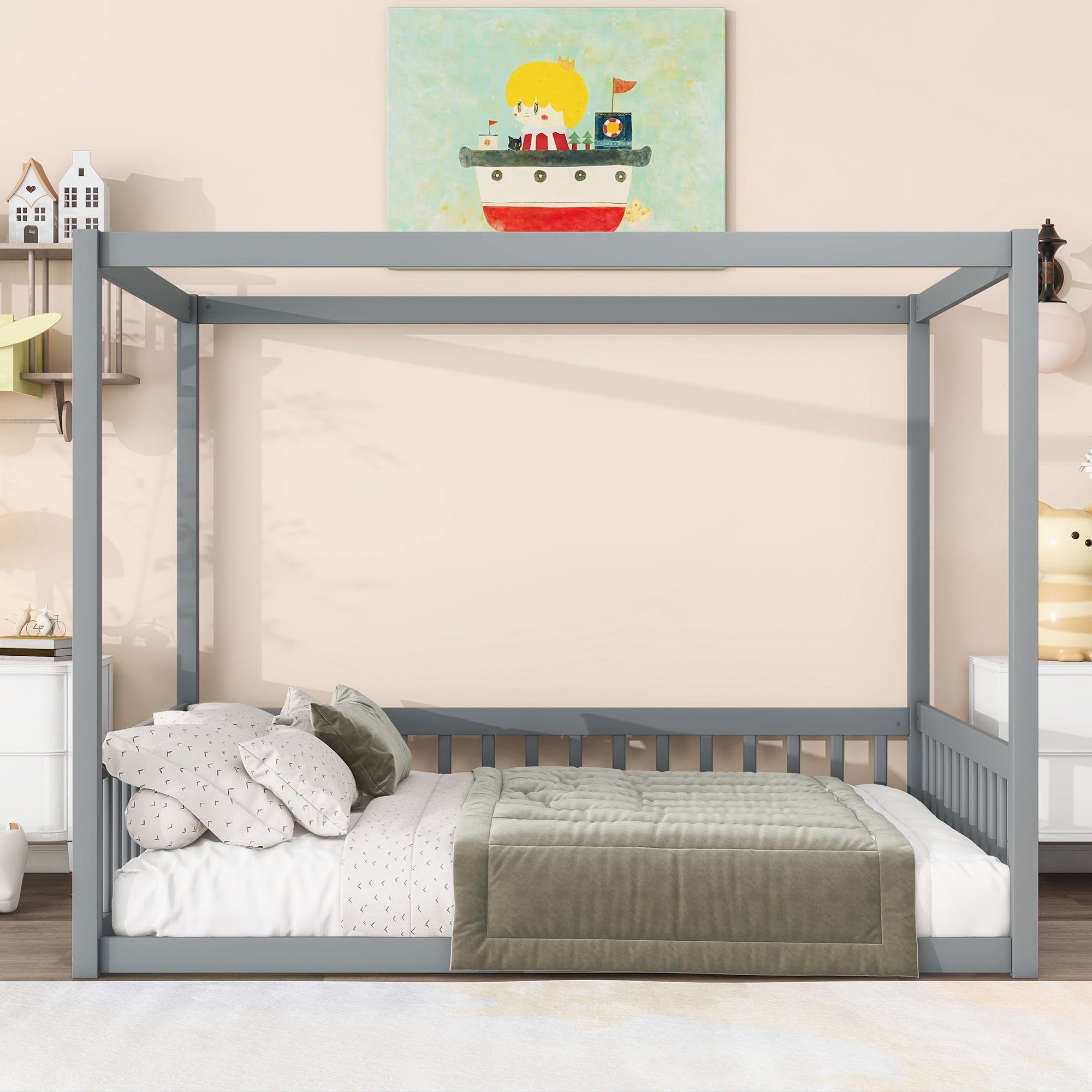 Leumius Full Size Canopy Frame Rubber Wood Floor Bed with Fence,Guardrails for Boys Girls Grey
