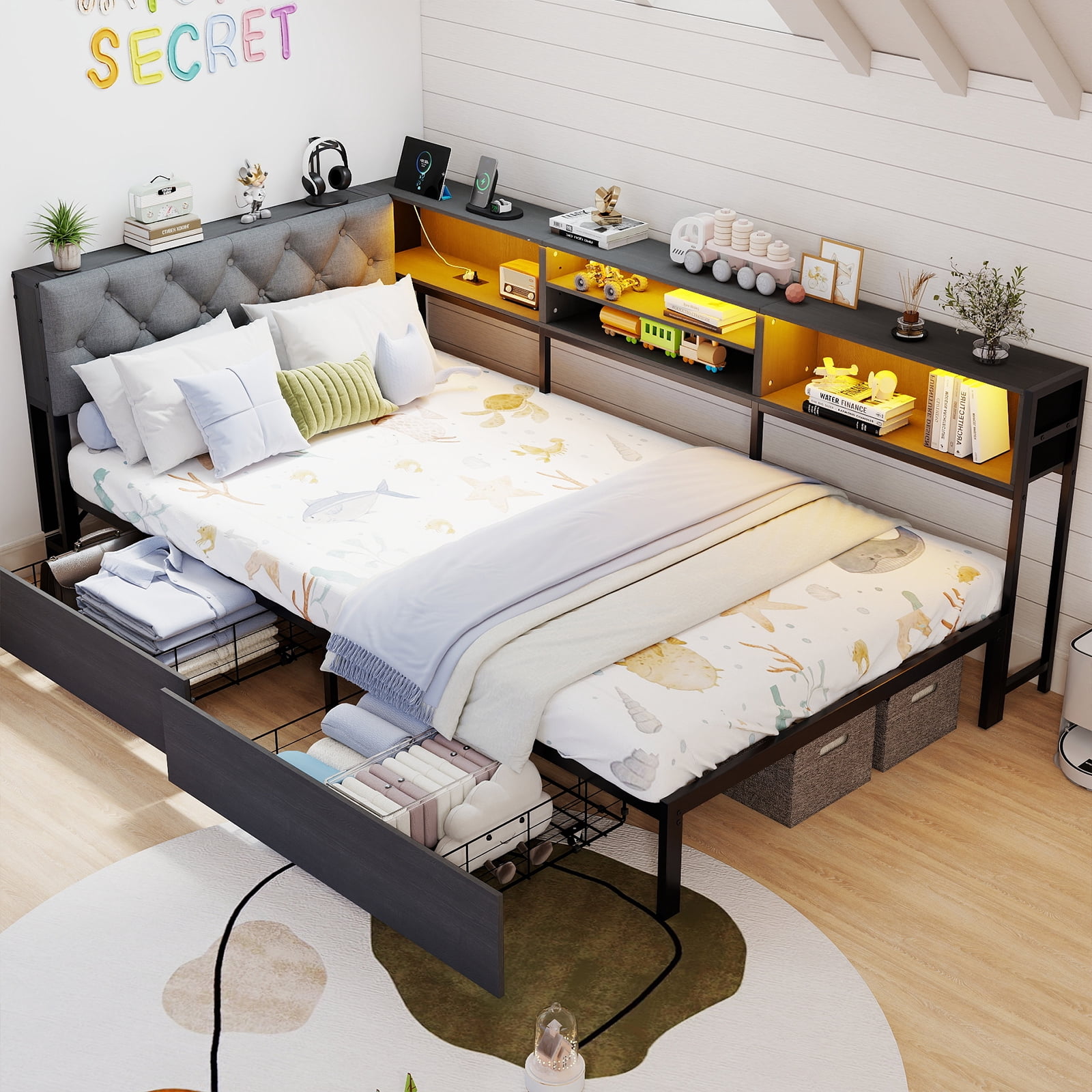 Leumius Full Size Corner Daybed Frame, Upholstered Headboard with Bookcase Storage, 2 Drawers LED Lights & Charging Station, Noise‑Free Metal Bed Frame Gray
