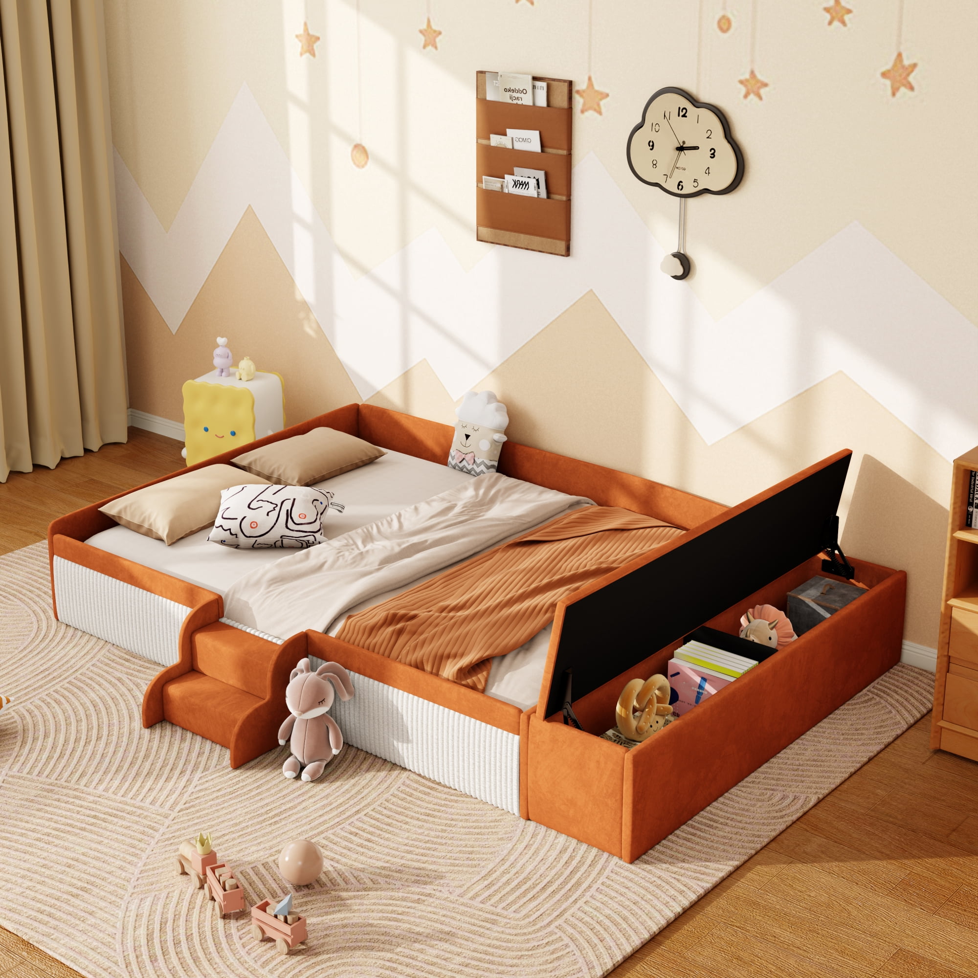 Leumius Full Size Floor Bed Frame with Stairs & Gas Lift Storage Ottoman, Velvet Upholstered Daybed with Padded Guardrails, Brown+White