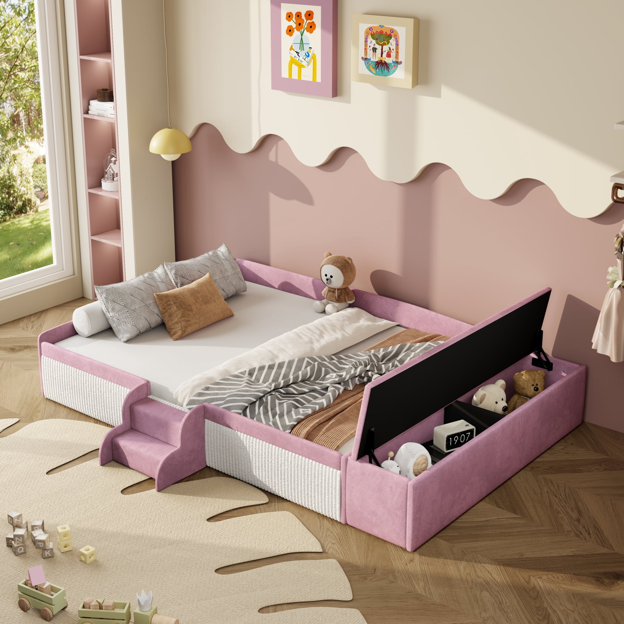 Leumius Full Size Floor Bed Frame with Stairs & Gas Lift Storage Ottoman, Velvet Upholstered Daybed with Padded Guardrails, Pink+White