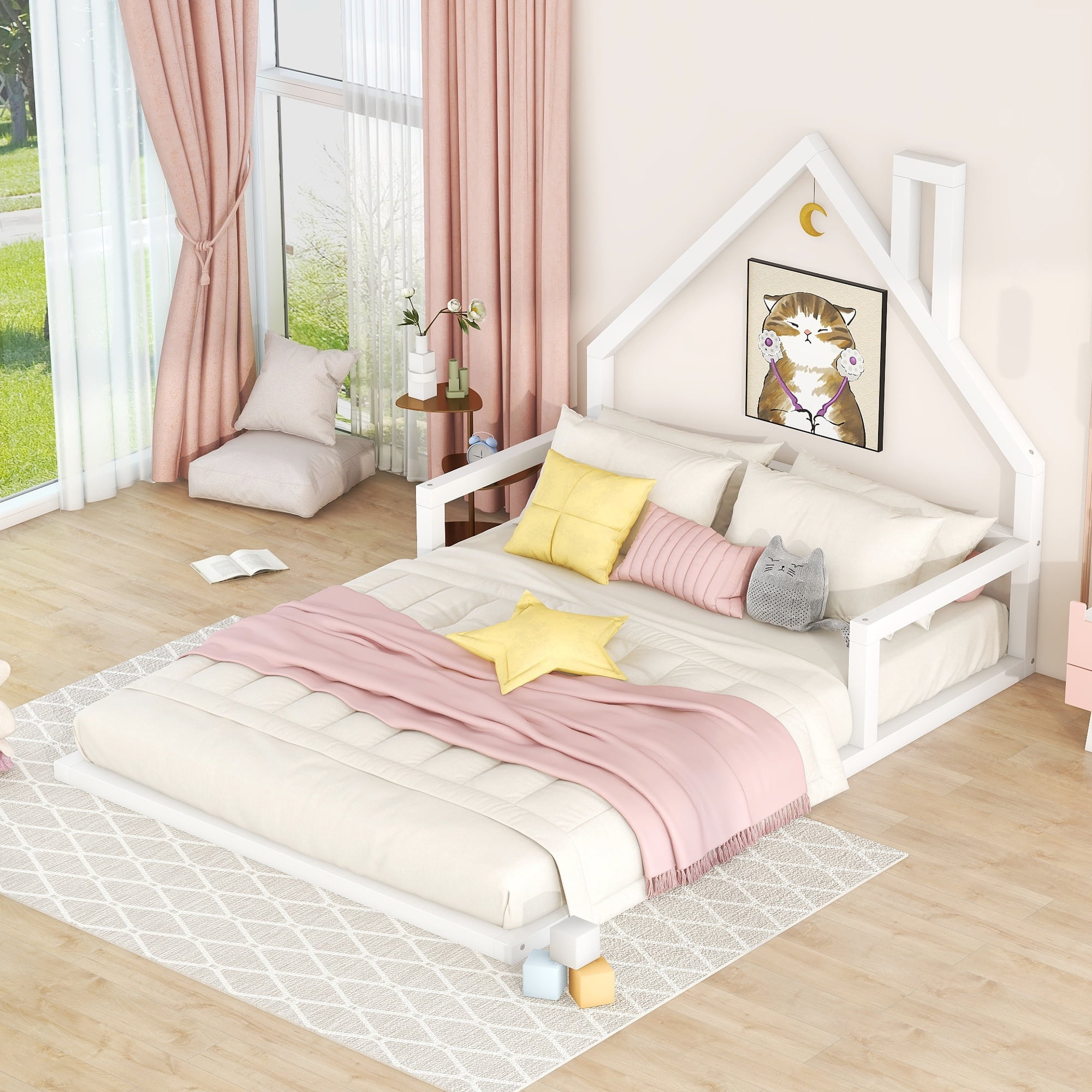 Leumius Full Size Floor Bed with House-Shaped Headboard,Montessori Bed Low Floor Bed Frame with Slats for Boys Girls,No Box Spring Needed,White