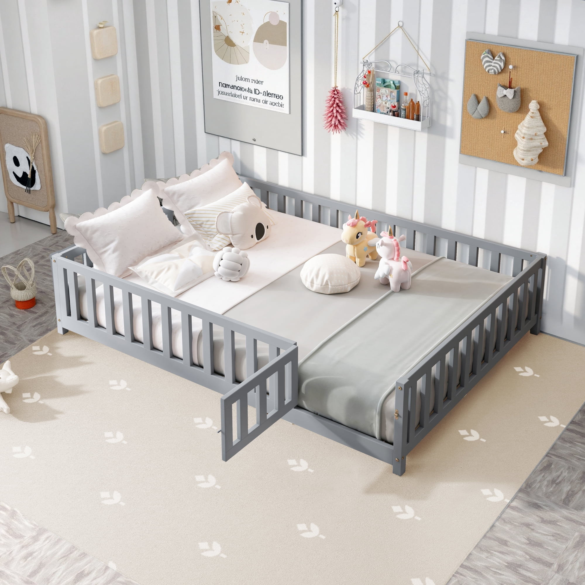 Leumius Full Size Floor Platform Bed Frame with Fence and Door for Kids, Montessori Floor Bed Frame with Support Slats for Toddlers Grey