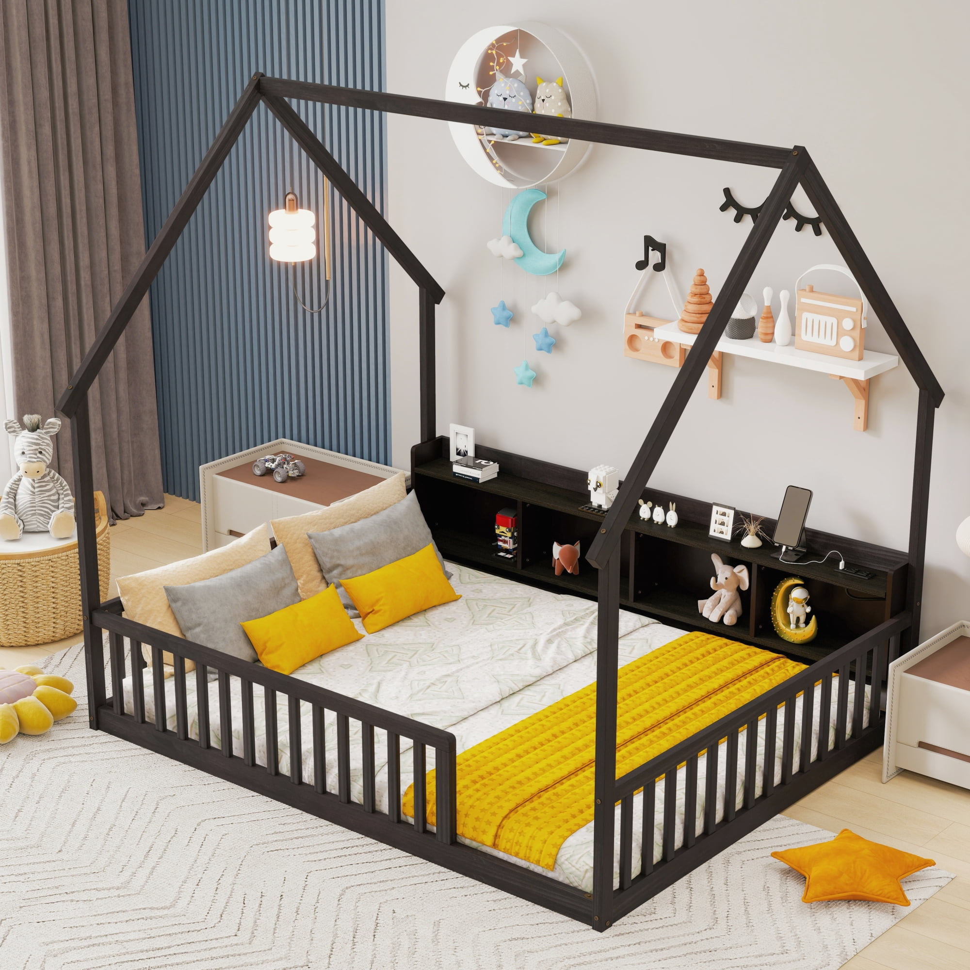 Leumius Full Size House Floor Bed with Storage Shelves,Built-in LED Lights & Charging Station,Pine Wood Floor Bed Frame with Safety Guardrails for Kids Bedroom Espresso