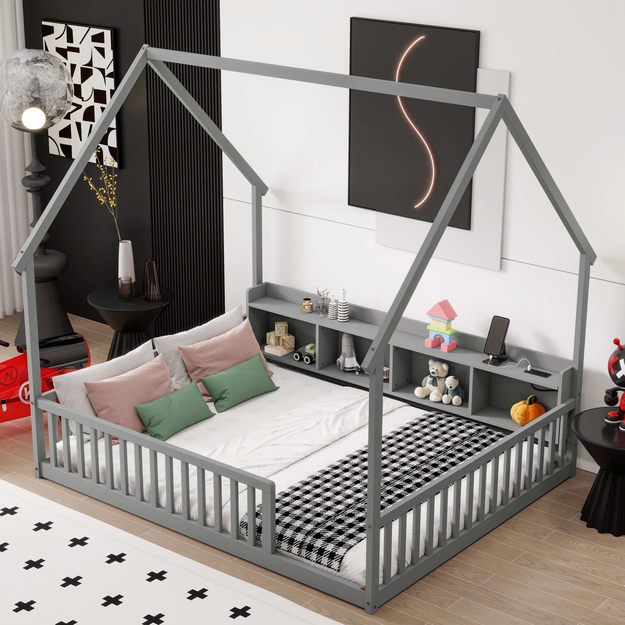 Leumius Full Size House Floor Bed with Storage Shelves,Built-in LED Lights & Charging Station,Pine Wood Floor Bed Frame with Safety Guardrails for Kids Bedroom Grey