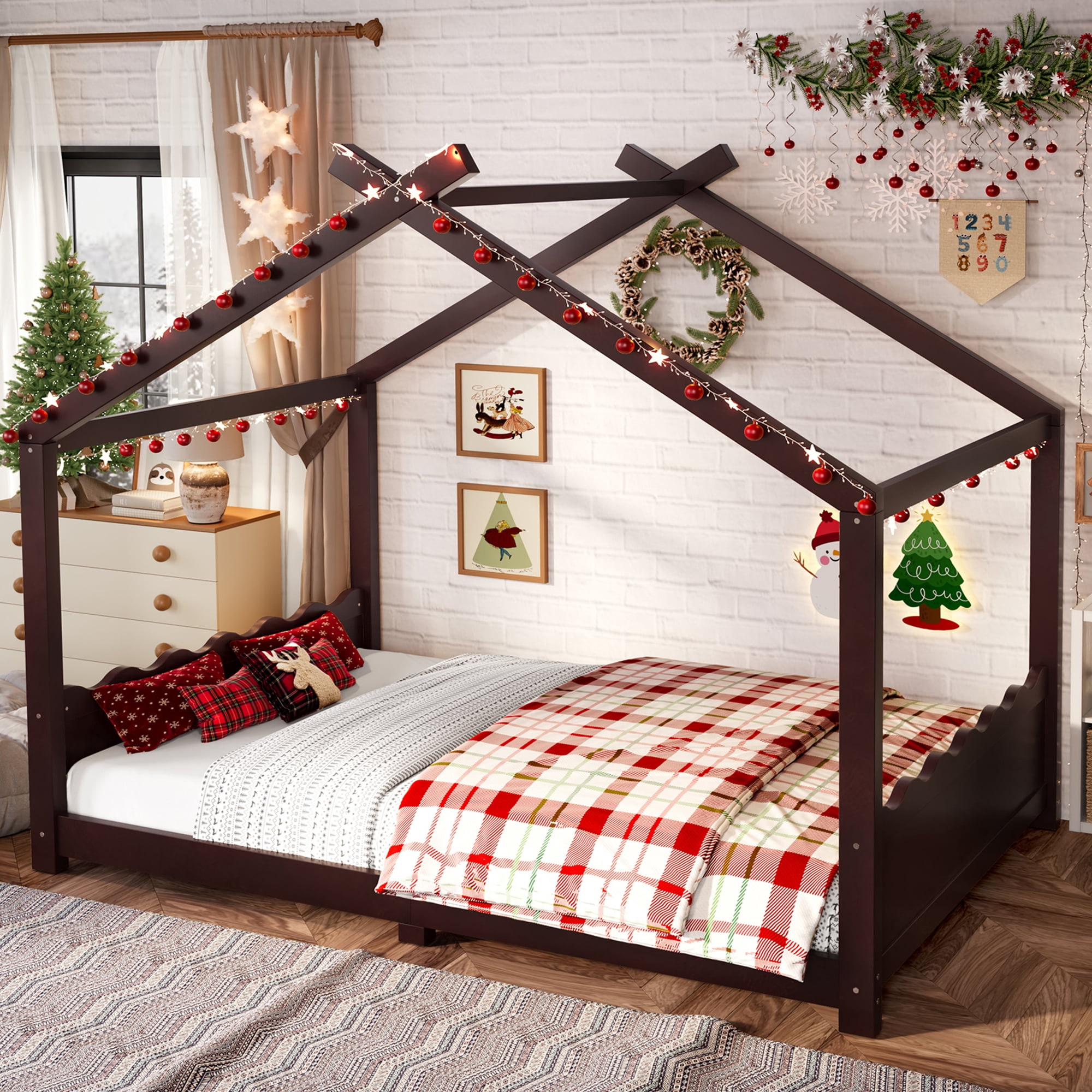 Leumius Full Size House Shape Bed,Montessori House Bed Solid Wood Floor Bed for Kids,No Box Spring Needed,Espresso