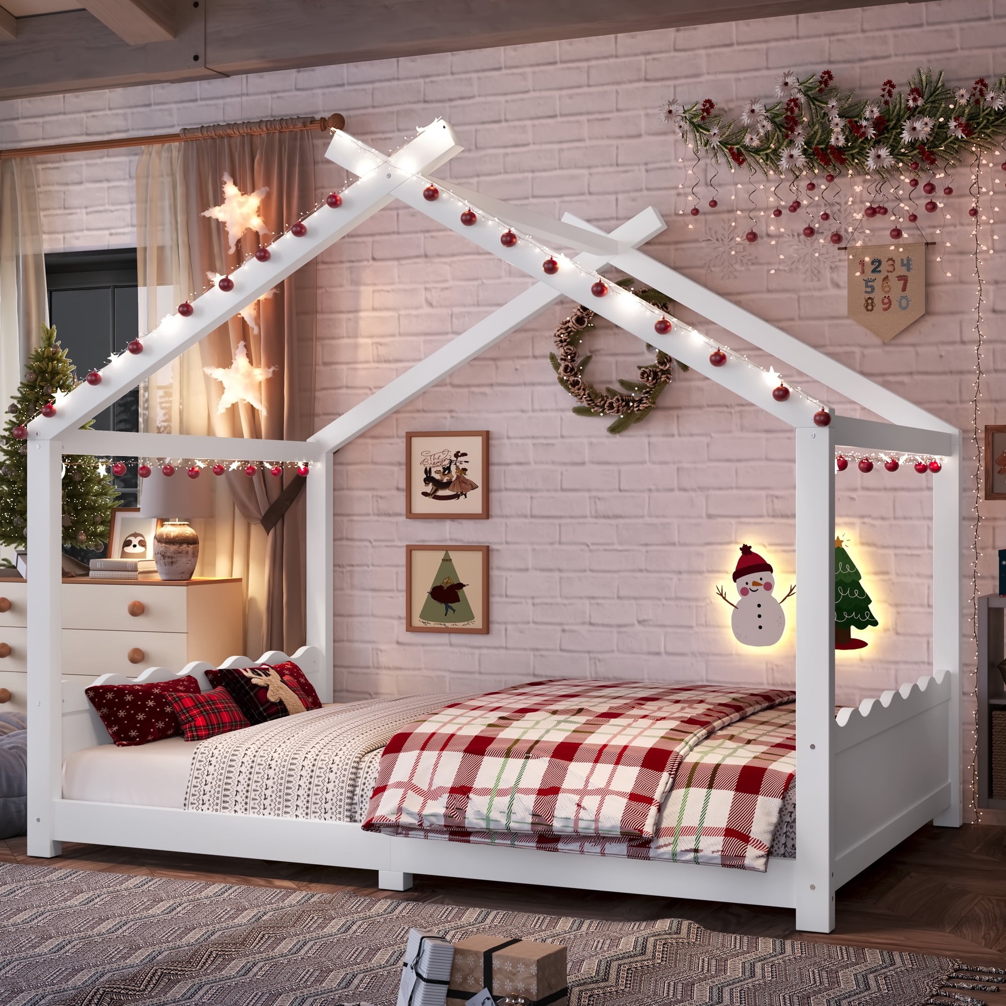 Leumius Full Size House Shape Bed,Montessori House Bed Solid Wood Floor Bed for Kids,No Box Spring Needed,Light White
