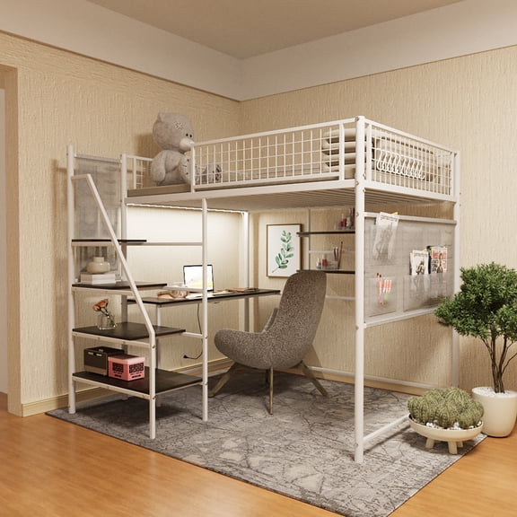 Leumius Full Size Loft Bed with Desk and Storage Stairs,Heavy Duty Metal Bed Frame with LED Lights and Charging Station,Nosie-Free,No Spring Box Needed,White