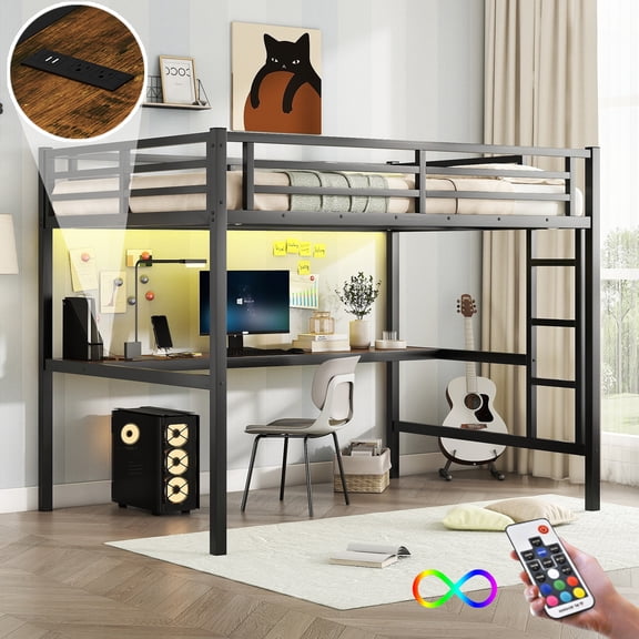 Leumius Full Size Loft Bed,Metal Bed Frame with Power Outlet and LED Lighted,Space-Saving, Noise Reduced, Black