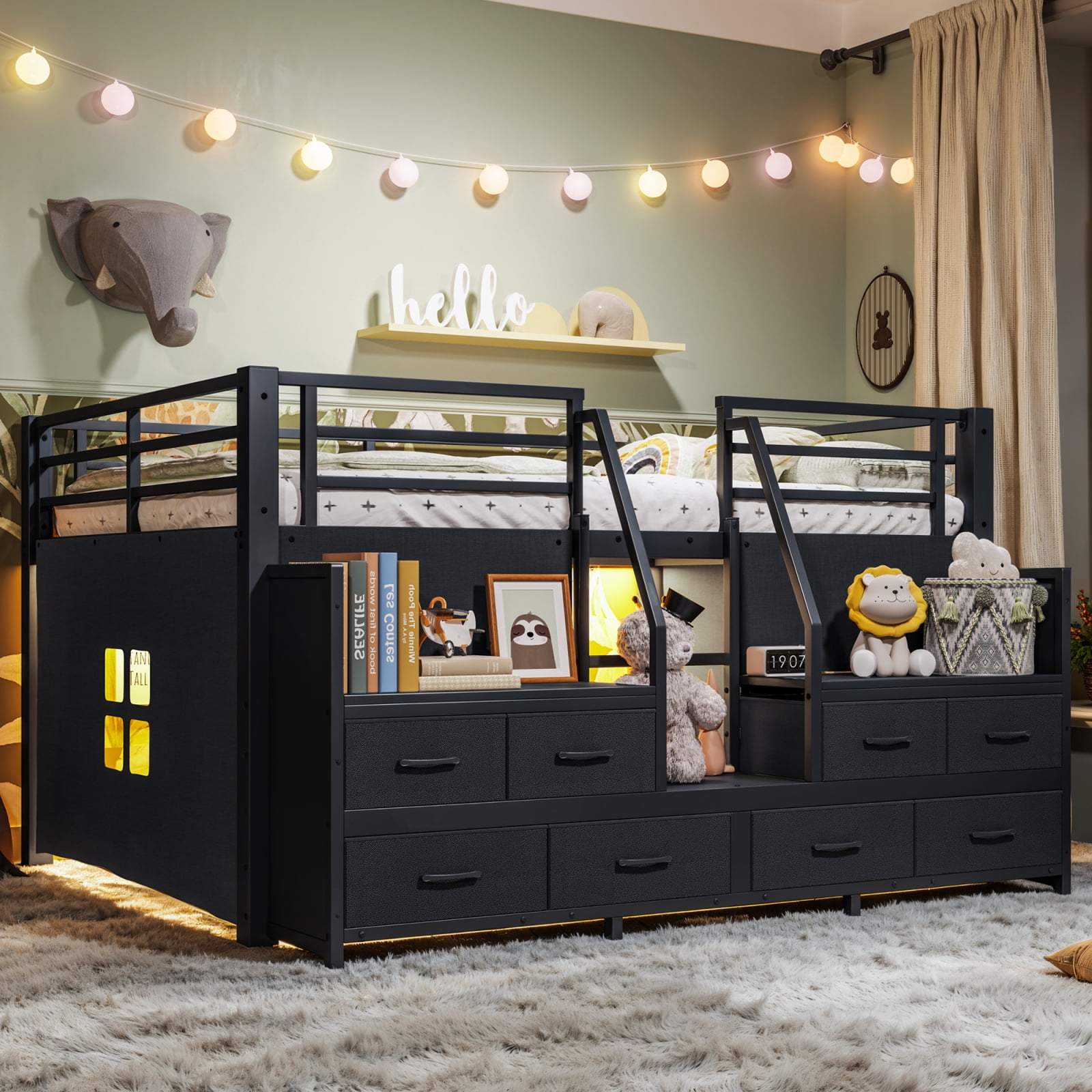 Leumius Full Size Loft Bed with Multi-storage Spaces,Metal Low Loft Bed with Storage Drawers, Shelves,LED Lights and Independent Spaces Under Bed,No Box Spring Needed,Black