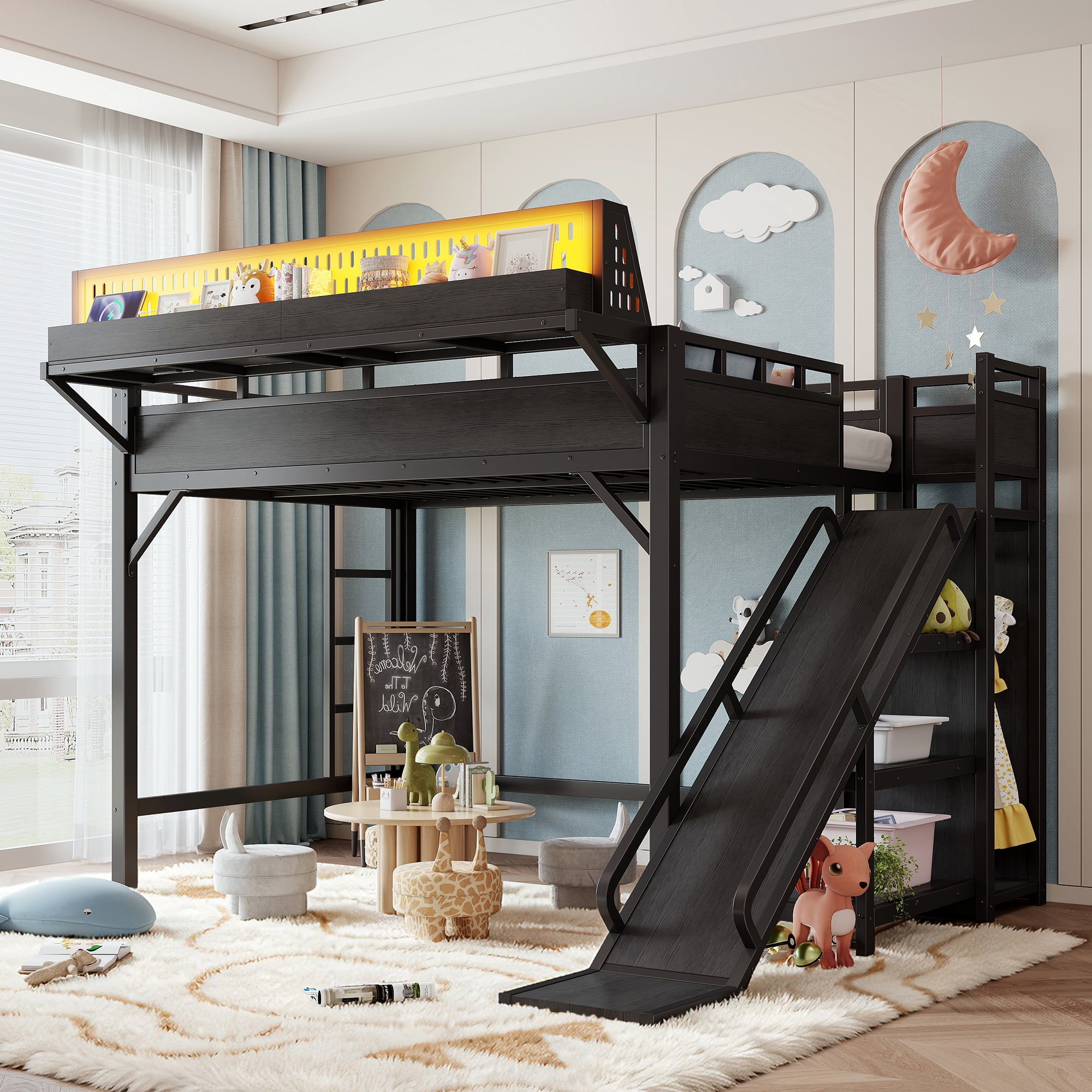 Leumius Full Size Loft Bed with Slide,Storage Shelves and Built-in Wardrobe,Metal Loft Bed Frame with USB Ports and LED Lights,Pegboard,Safety and Solid,