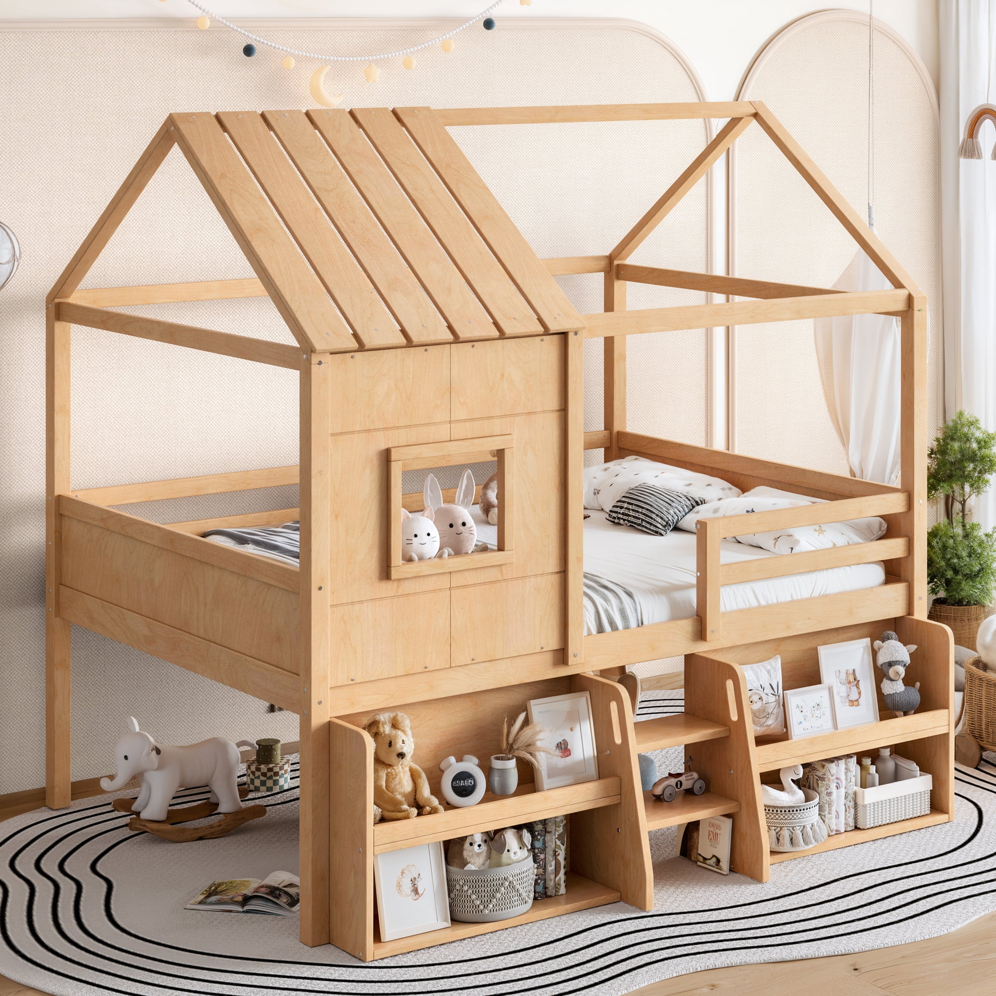 Leumius Full Size Loft Bed with Storage Shelves and Stairs, House Loft Bed with Playhouse Shape Roof and Window, Childlike and No Box Spring Needed Design, Natural